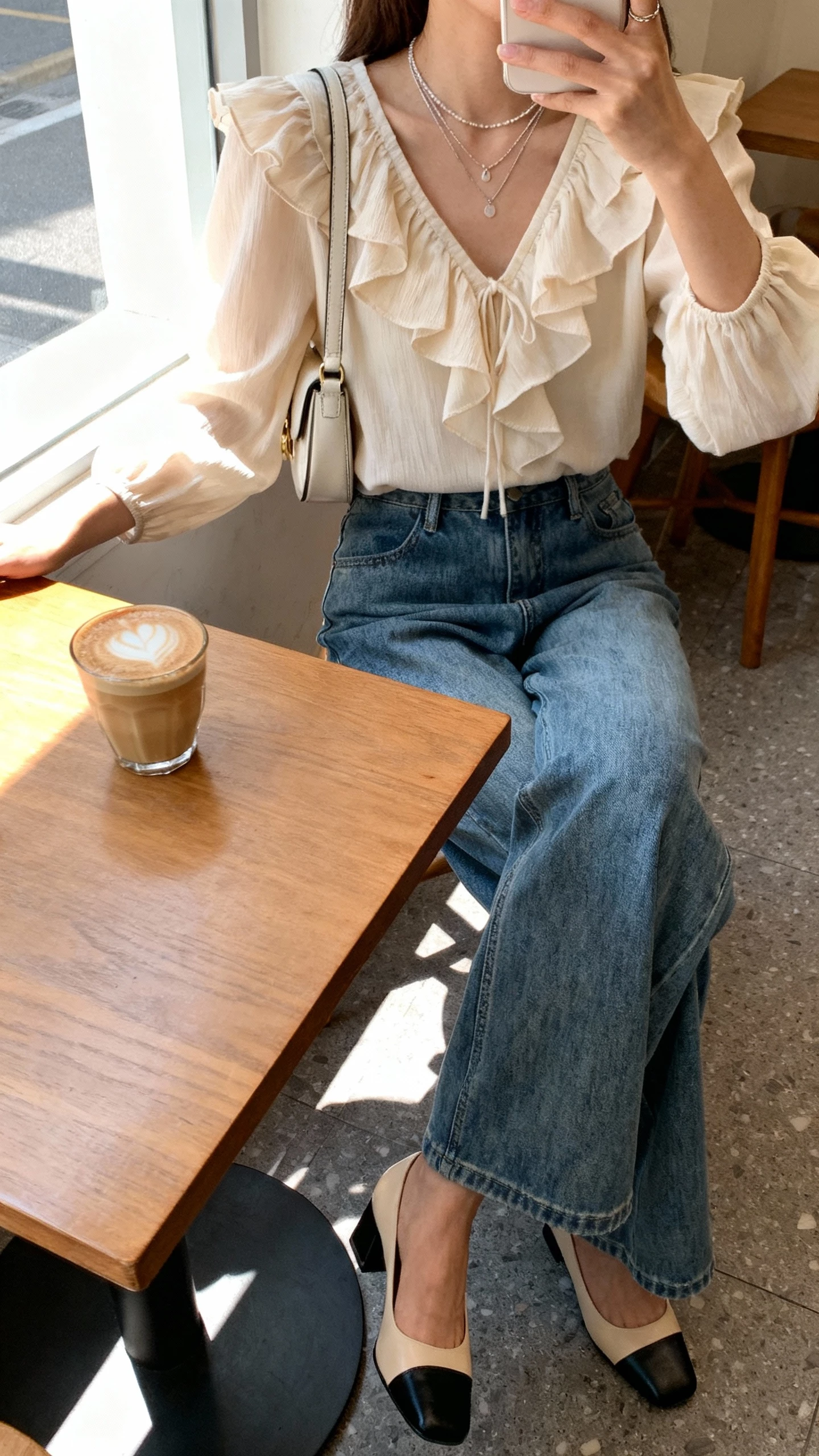 iPhone cafe table selfie cropped at shoulders of a woman wearing wide leg jeans, feminine blouse with soft ruffles, block heels, delicate layered necklaces, small shoulder bag, latte on table, face not visible, bright window light, natural iPhone photo quality.