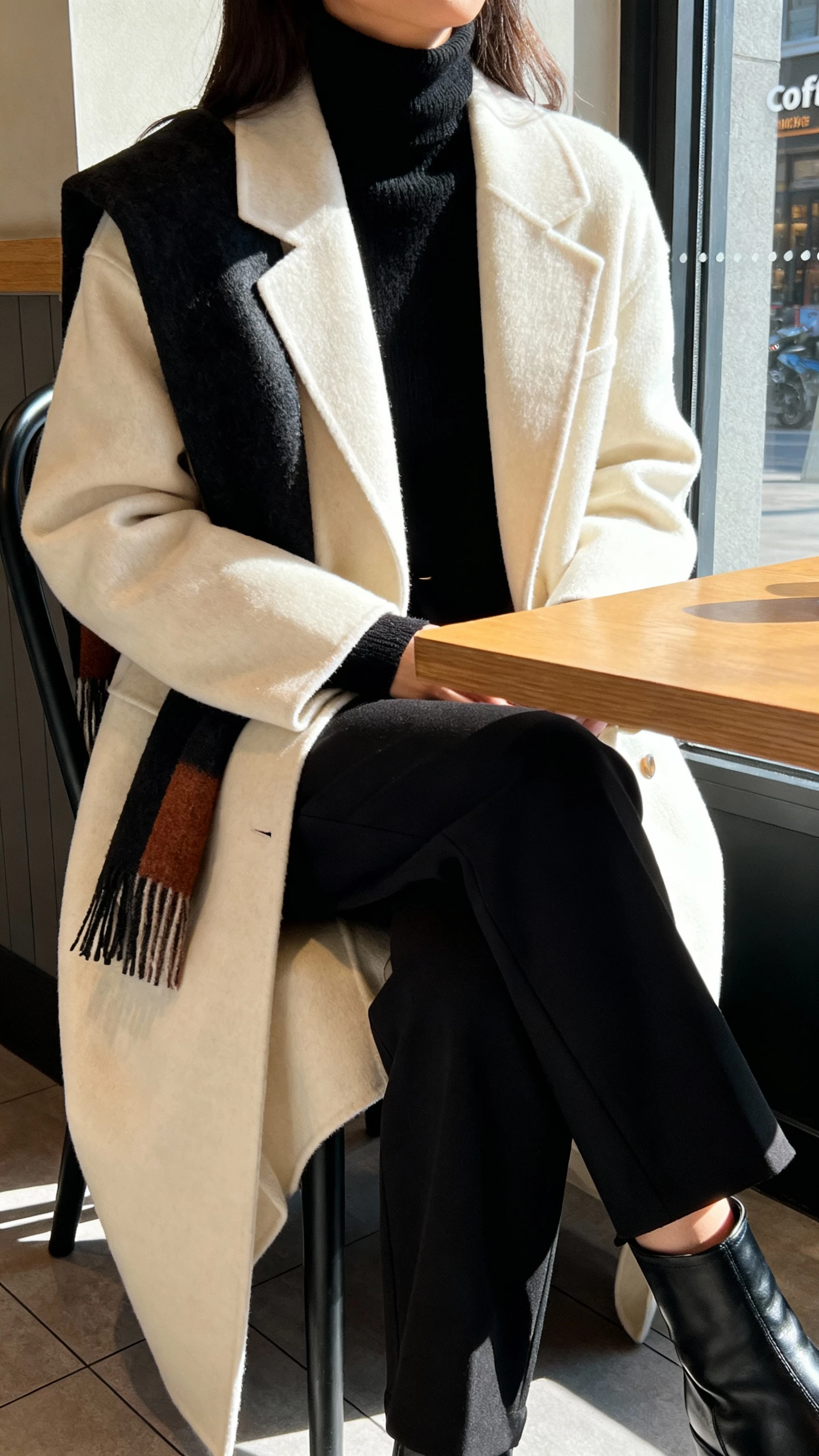 iPhone cafe table selfie cropped at shoulders of a woman wearing high-contrast neutrals (black turtleneck, cream coat) with one accent scarf, tailored black trousers, black boots, face not visible, window light in coffee shop, natural iPhone aesthetic.