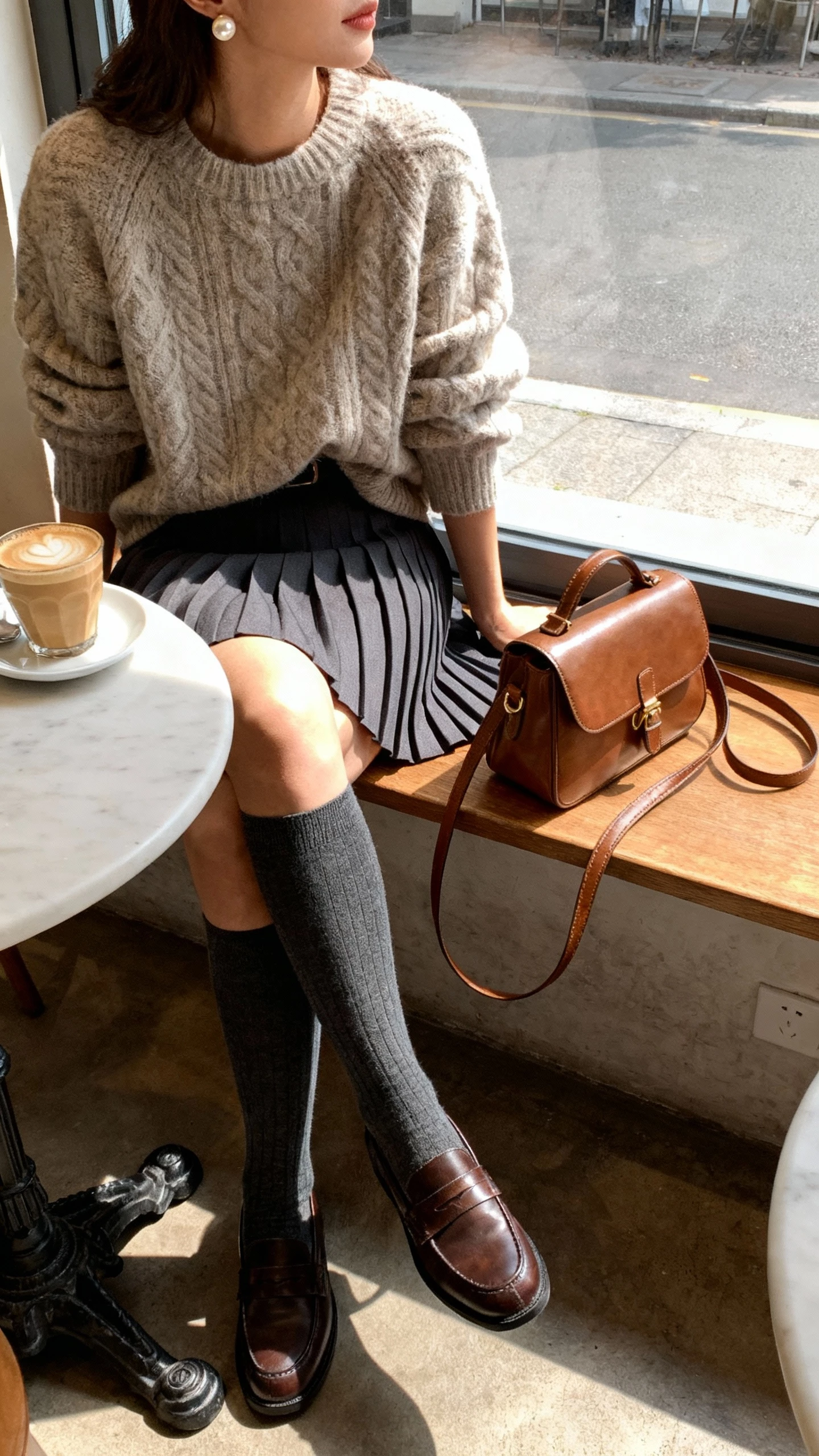 iPhone café table selfie cropped at shoulders showing a woman wearing a pleated mini skirt, chunky knit sweater half-tucked, knee-high socks with loafers, leather satchel, pearl studs, face not visible, seated by café window with latte, morning light, natural iPhone photo quality