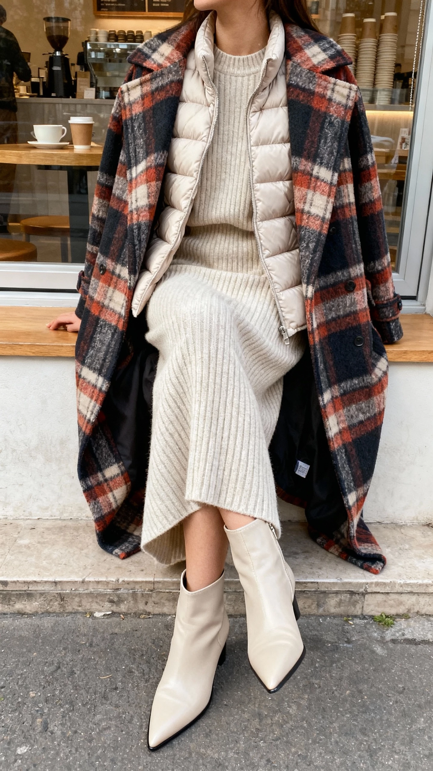 iPhone cafe table selfie cropped at shoulders showing a woman in a monochrome ribbed knit set (sweater and midi skirt) with a bold plaid statement coat draped over, pointed-toe ankle boots, and a lightweight puffer vest peeking underneath; face not visible, sitting by window in coffee shop, soft daylight, natural iPhone photo quality.