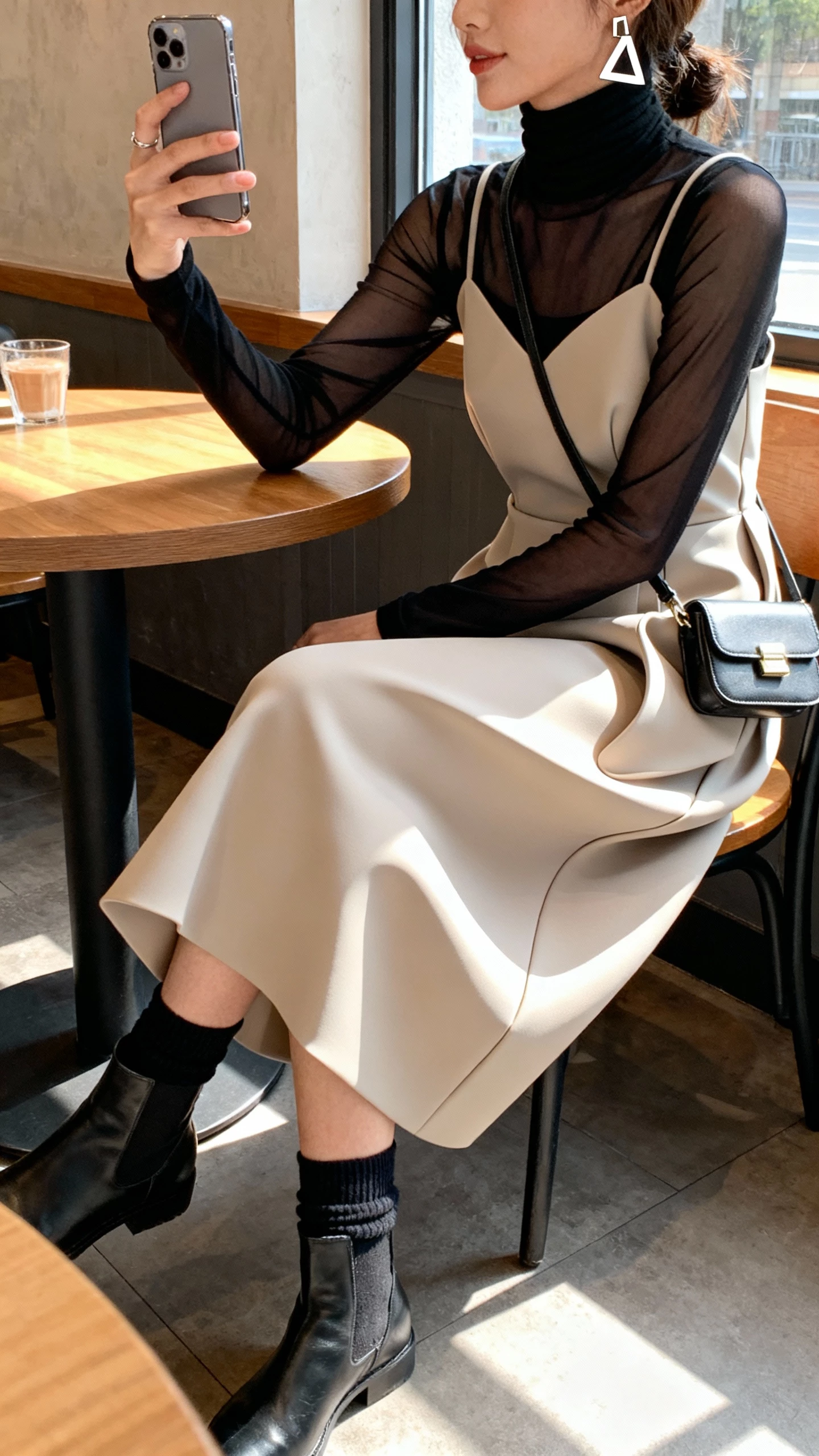 iPhone cafe table selfie from a seated side view showing a woman in a sculptural midi dress layered over a sheer black turtleneck, ankle sock-boots, geometric earrings, small crossbody, face not visible, morning window light, casual iPhone aesthetic.