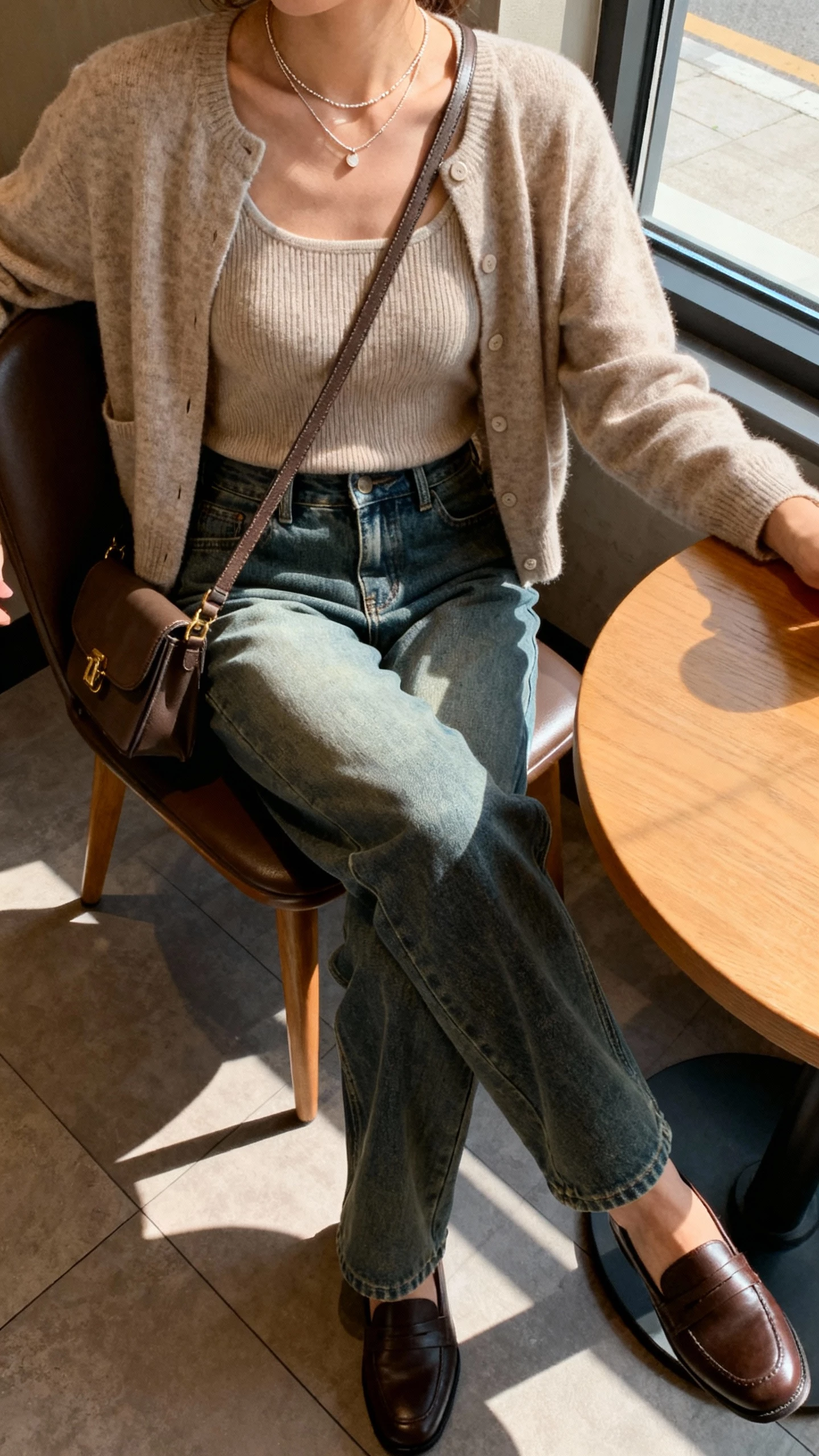 iPhone cafe table selfie from above of a woman wearing a matching cardigan-and-knit-tank set, high-waisted straight jeans, loafers, layered dainty necklaces, crossbody bag on chair, face not visible, morning light by the window, natural iPhone photo quality