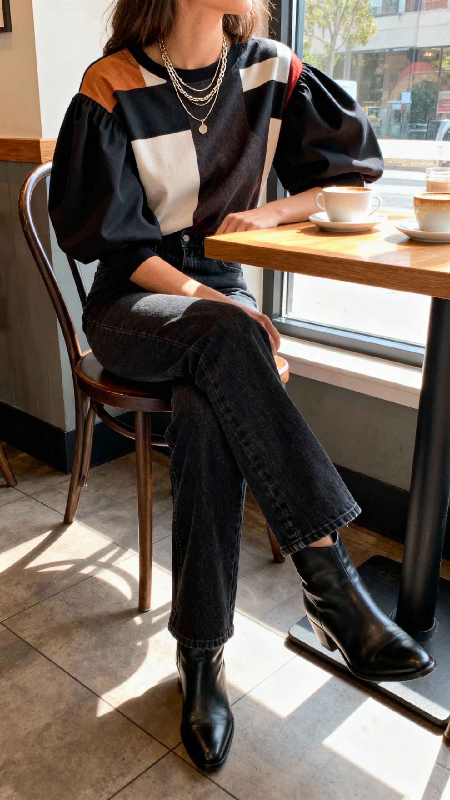iPhone cafe table selfie of a woman seated wearing dark denim straight-leg jeans, a statement top with bold sleeves, ankle boots, and layered necklaces, face not visible, window light in coffee shop, natural iPhone photo quality