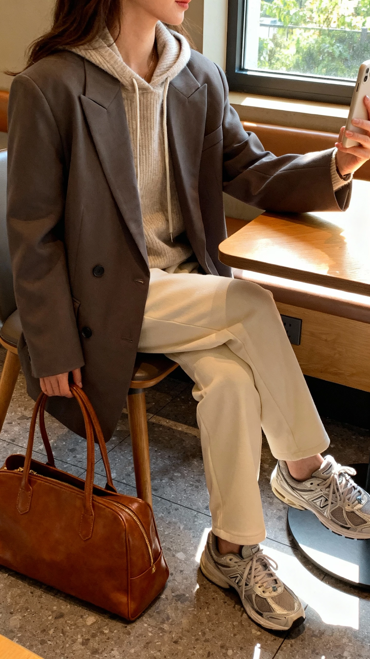 iPhone cafe table selfie of a woman wearing an oversized blazer over a cashmere hoodie, relaxed trousers, sleek sneakers, and a leather tote on the chair, face not visible, side angle, morning light by window, natural iPhone photo quality.