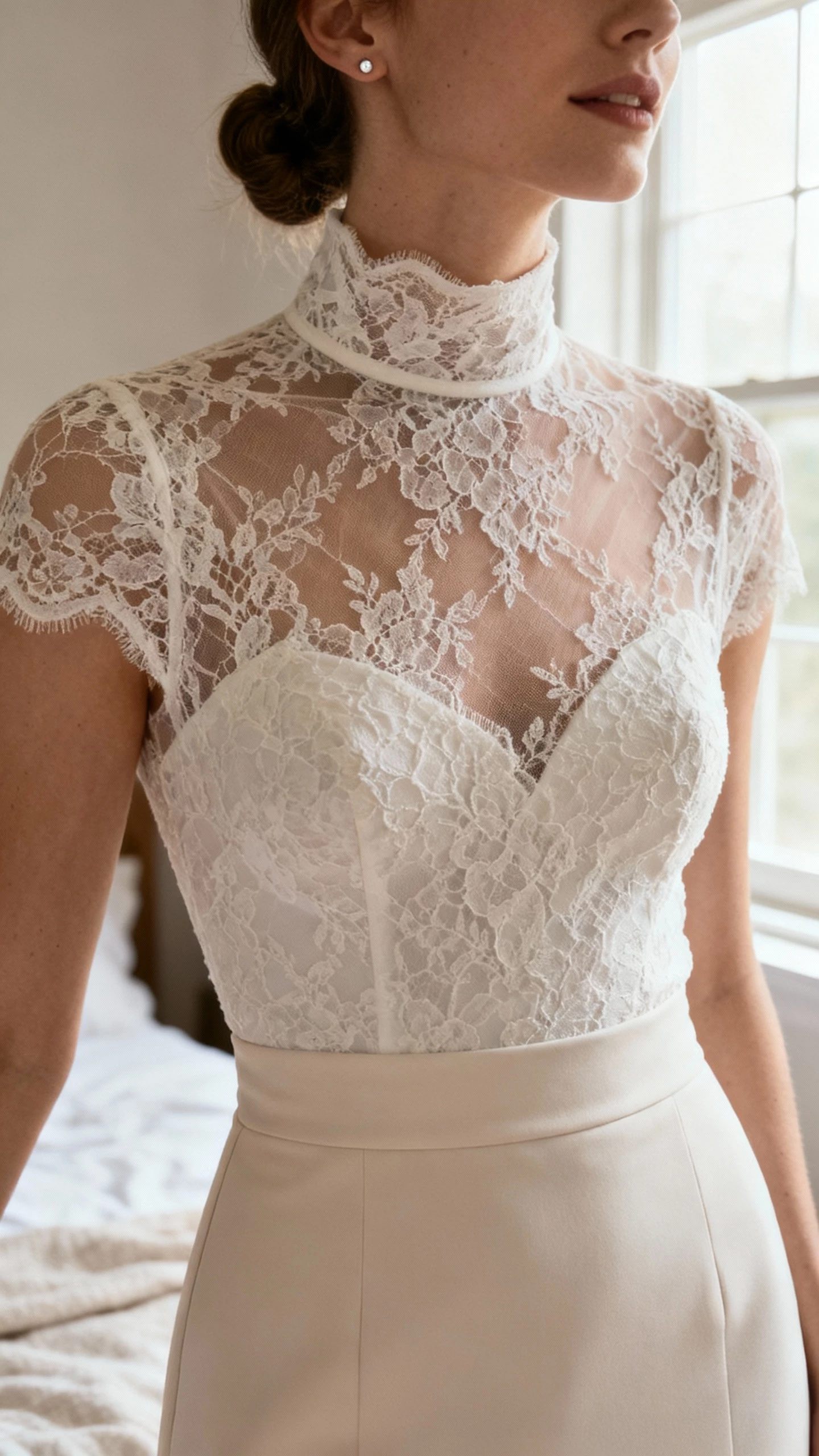 iPhone close crop at neck showing a woman wearing a high neck/mock neck wedding gown with lace illusion top, fitted crepe skirt, small stud earrings, hair in low bun, face not visible, bedroom window light, natural iPhone aesthetic.