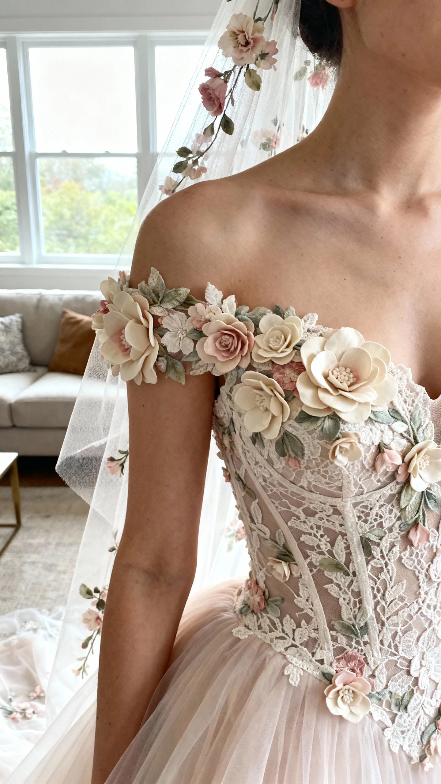 iPhone close crop at shoulders of a woman wearing a floral appliqué mermaid gown with 3D petals and textured lace, soft tulle skirt and floral-dotted veil over shoulders, face not visible, living room by a bright window, natural daylight, casual iPhone shot