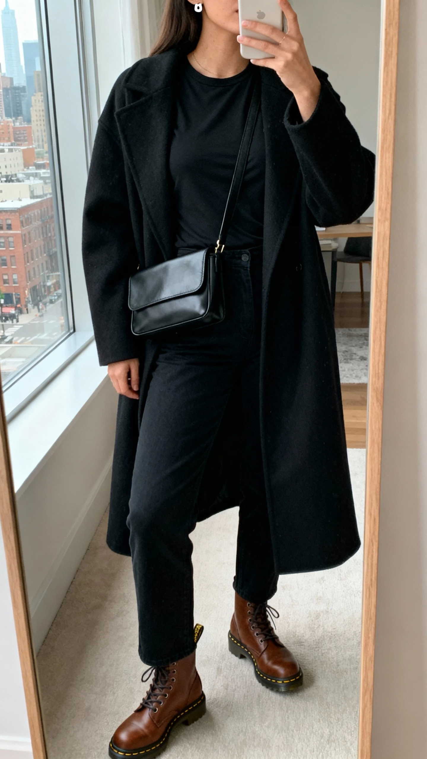 iPhone close-crop neck-down selfie of a woman wearing brown Doc Martens with a black monochrome set: black straight pants, black fitted tee, black long coat, sleek black crossbody, and minimalist stud earrings, face not visible, city apartment mirror, natural window light, iPhone photo.