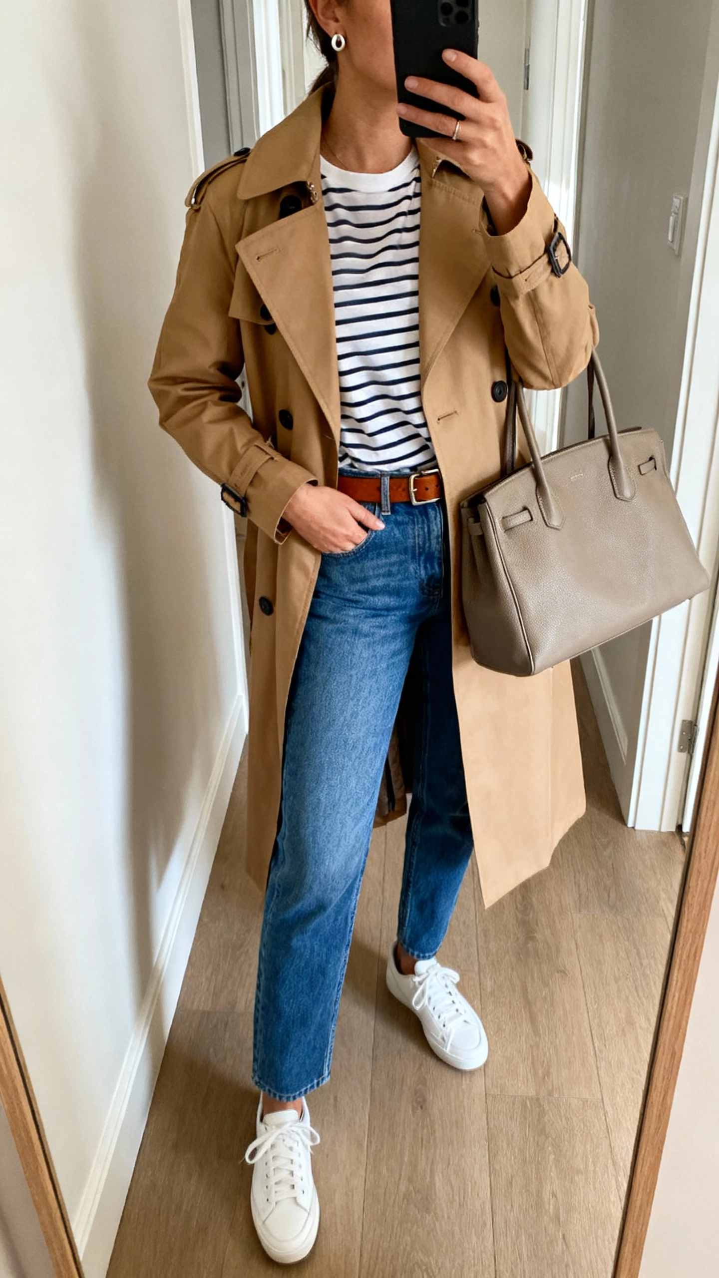 iPhone corridor mirror selfie of a woman wearing a classic tan trench coat over a striped tee, blue straight jeans, sleek white sneakers, leather belt, simple stud earrings, structured tote; face not visible, morning hallway light, natural iPhone photo quality.
