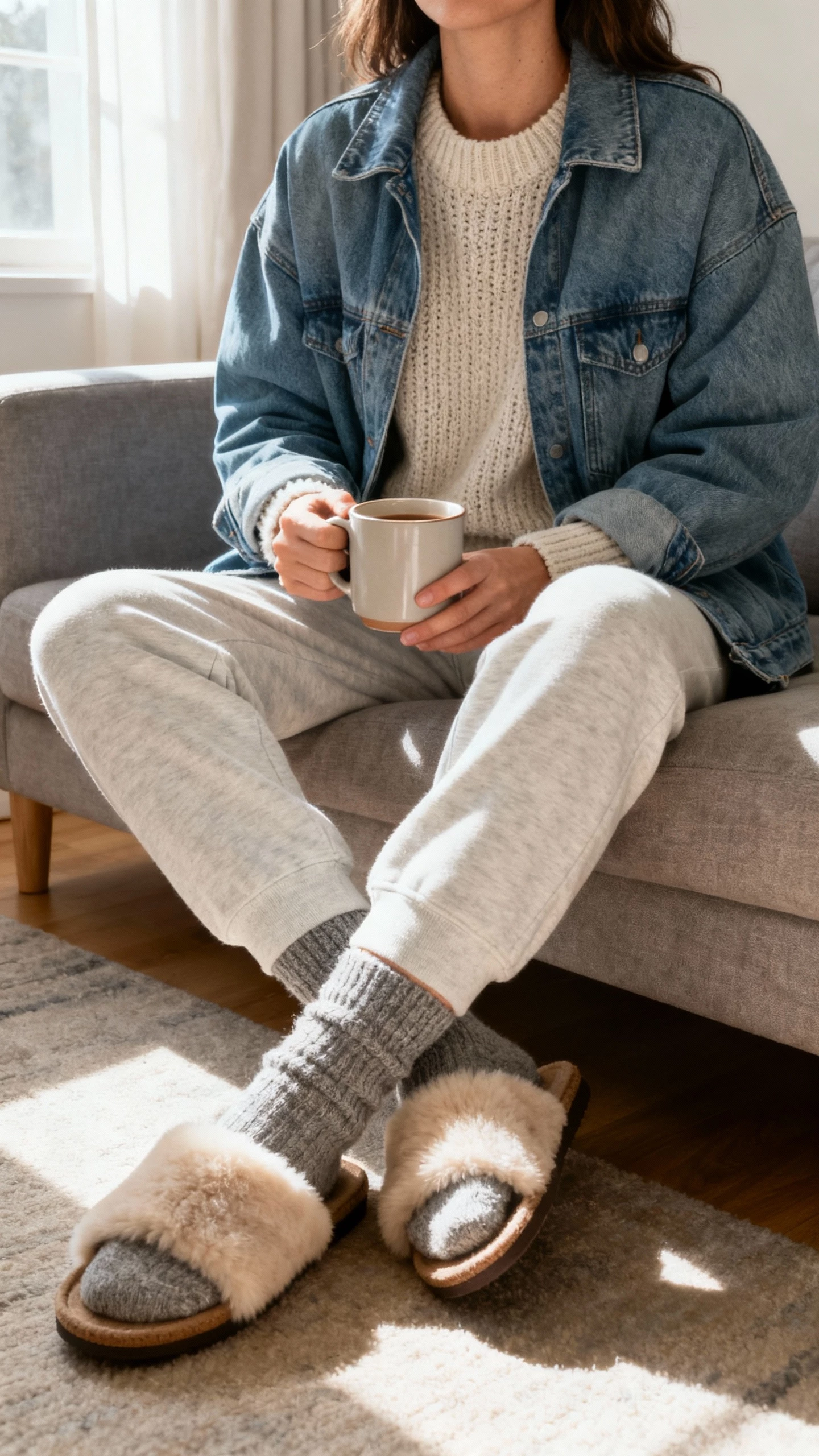 iPhone couch selfie, cropped at neck, of a woman in a cozy knit sweater layered under a relaxed denim jacket, soft joggers, wool socks, shearling slides, mug in hand, face not visible, living room with morning window light, natural iPhone photo quality.