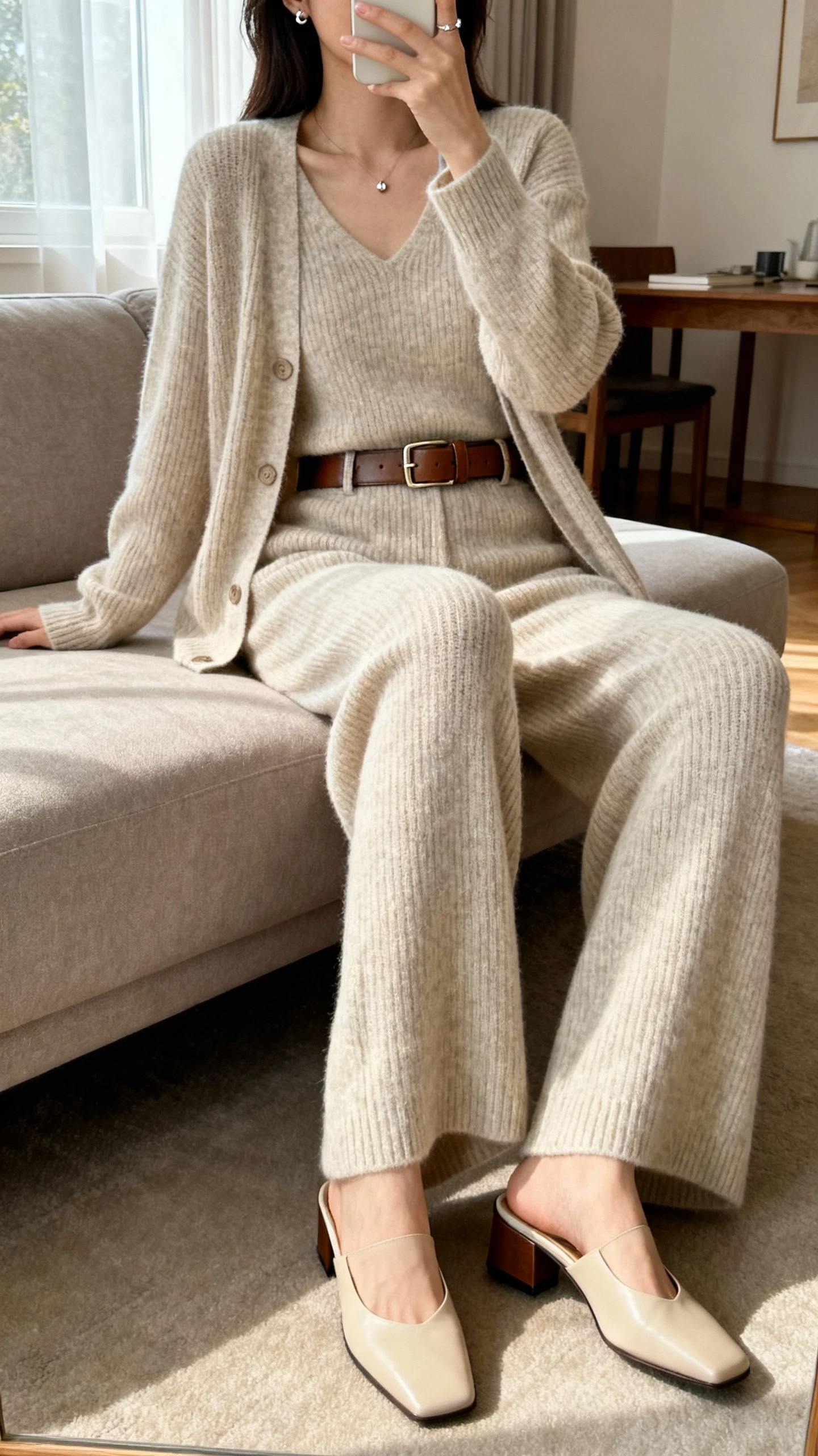 iPhone couch selfie, cropped at neck, of a woman wearing a matching knit set (cardigan and wide-leg knit pants), sleek leather belt, low block-heel mules, simple studs, face not visible, home living room with soft window light, natural iPhone aesthetic.
