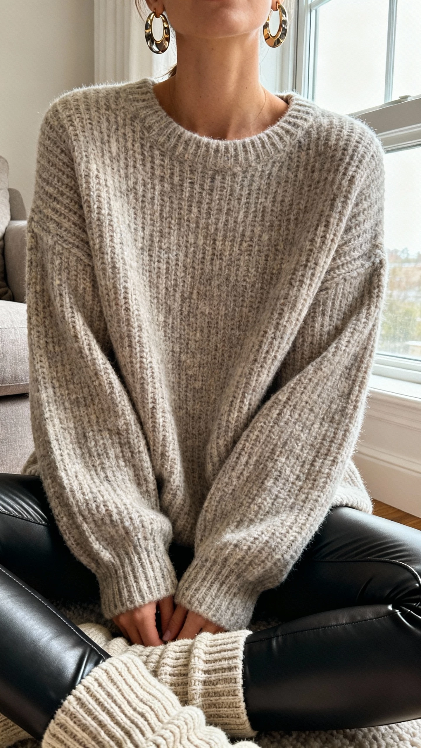 iPhone couch selfie cropped at neck showing a woman wearing faux leather leggings, oversized knit sweater, statement earrings, and chunky socks, face not visible, living room window light, natural iPhone photo quality.
