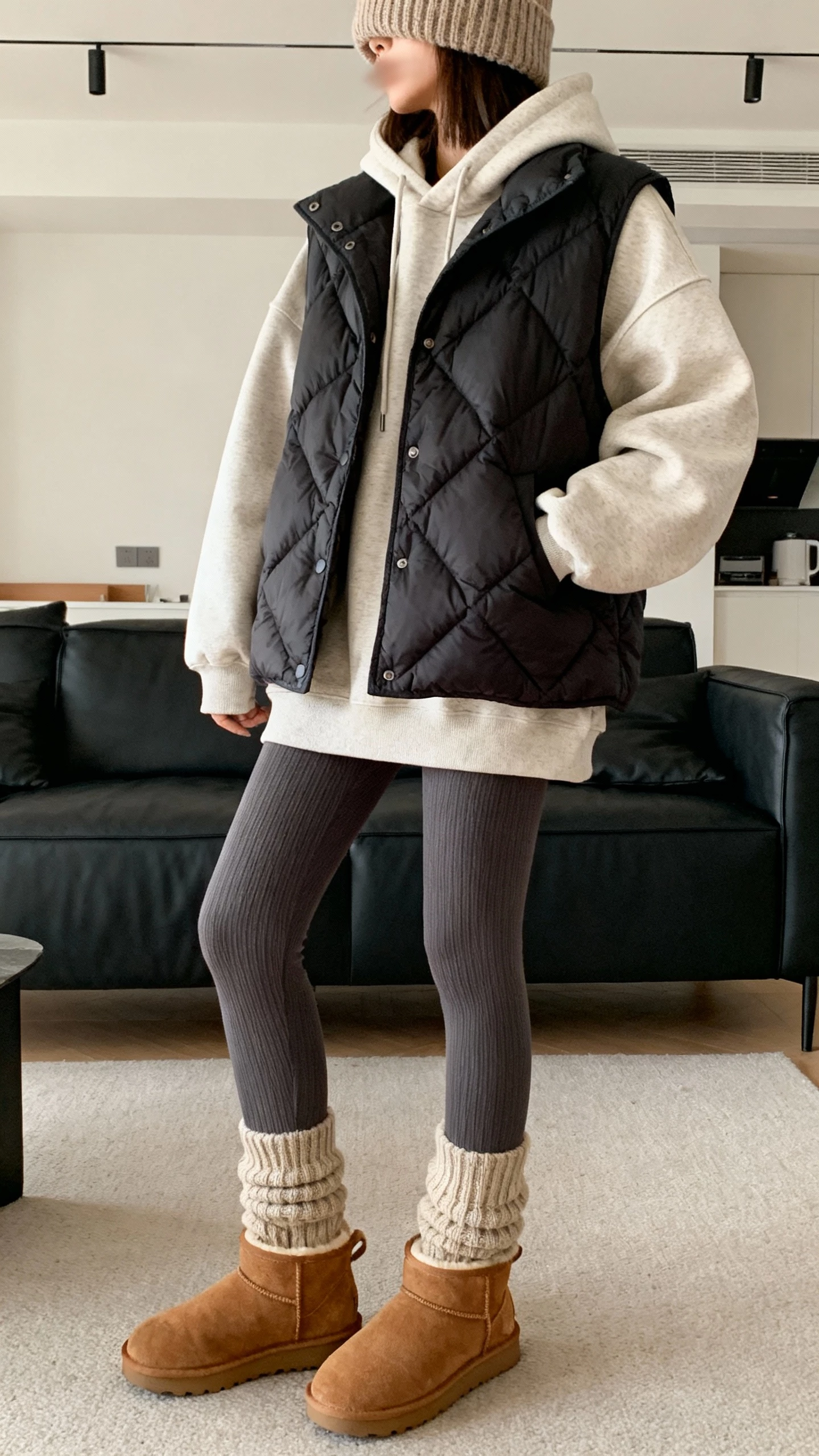 iPhone couch selfie cropped at shoulders of a woman wearing classic Ugg-style boots, oversized hoodie, quilted vest, ribbed leggings, chunky socks peeking out, and a knit beanie, face not visible, cozy living room, warm indoor light, natural iPhone photo quality.