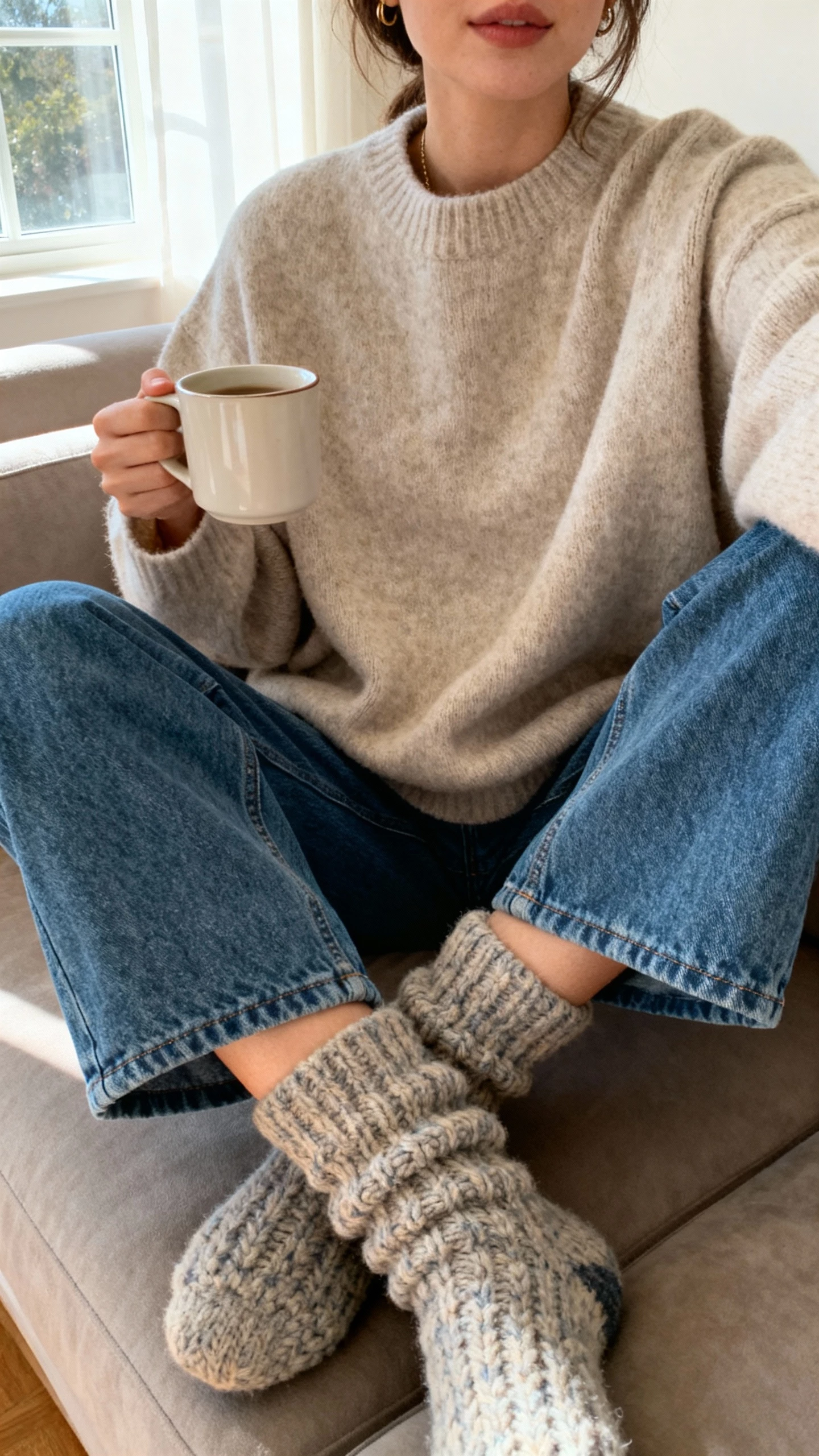 iPhone couch selfie cropped at shoulders showing a woman in a cozy oversized oatmeal sweater with ankle-length blue jeans and chunky socks, mug in hand, face not visible, soft afternoon window light, natural iPhone photo.
