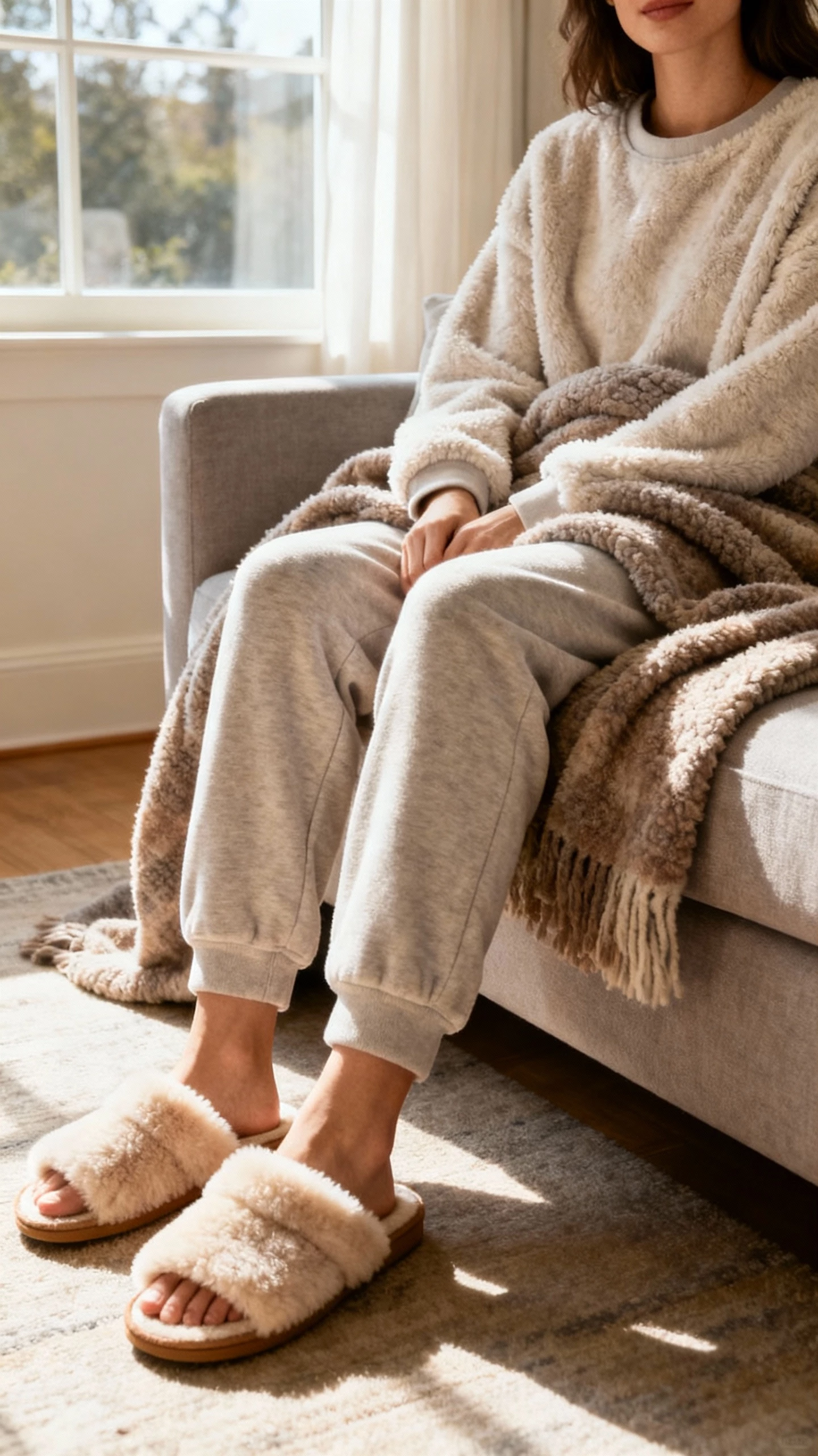 iPhone couch selfie cropped at shoulders showing a woman in a fleece-lined lounge set (cozy pullover and jogger pants) with sherpa slippers and a thick throw blanket, face not visible, living room near window, afternoon natural light, iPhone photo quality.