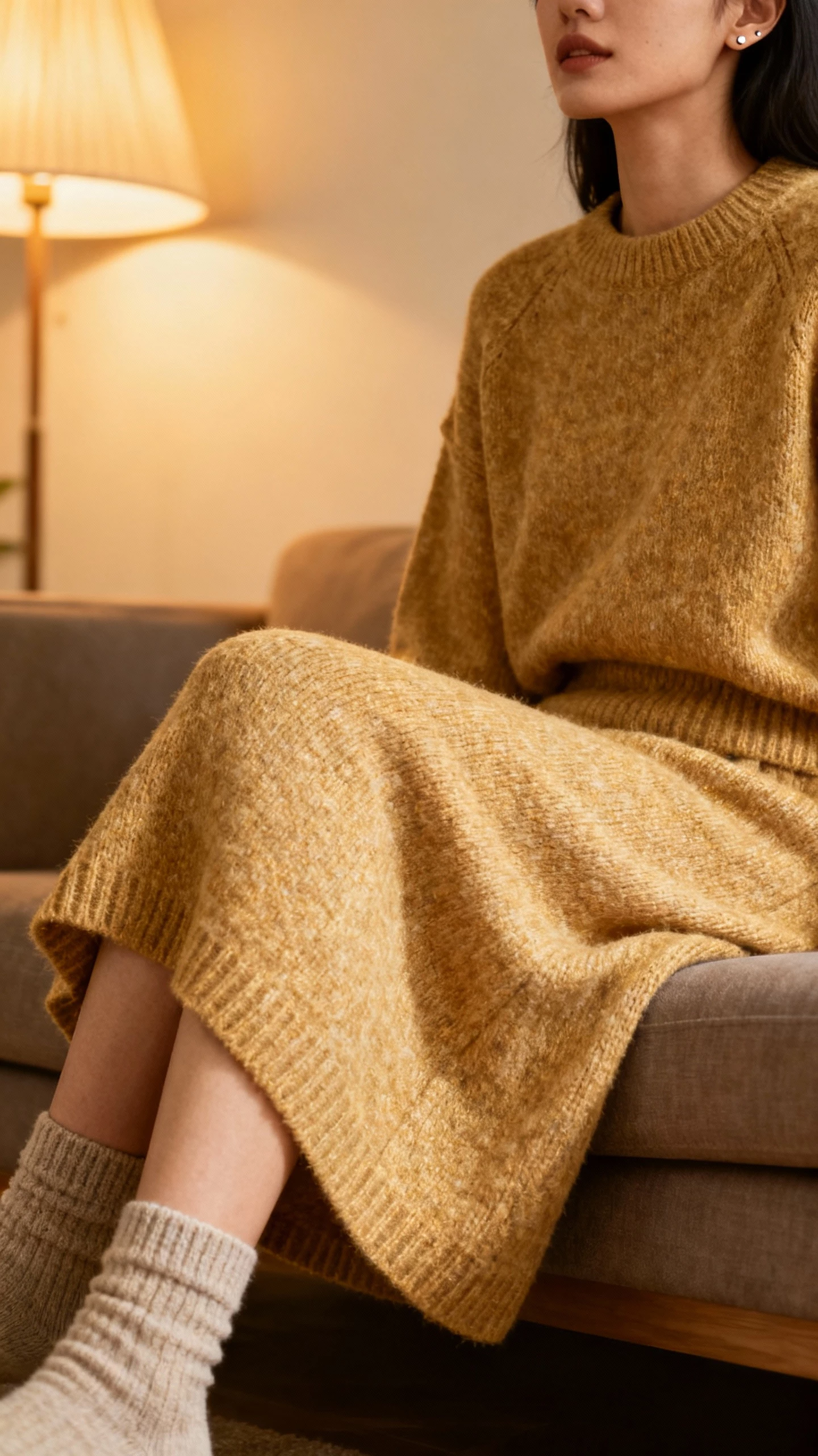 iPhone couch selfie cropped at shoulders showing a woman wearing a sweater skirt co-ord (matching knit sweater and midi skirt), cozy socks, minimalist studs, face not visible, warm indoor lamp light, natural iPhone aesthetic.
