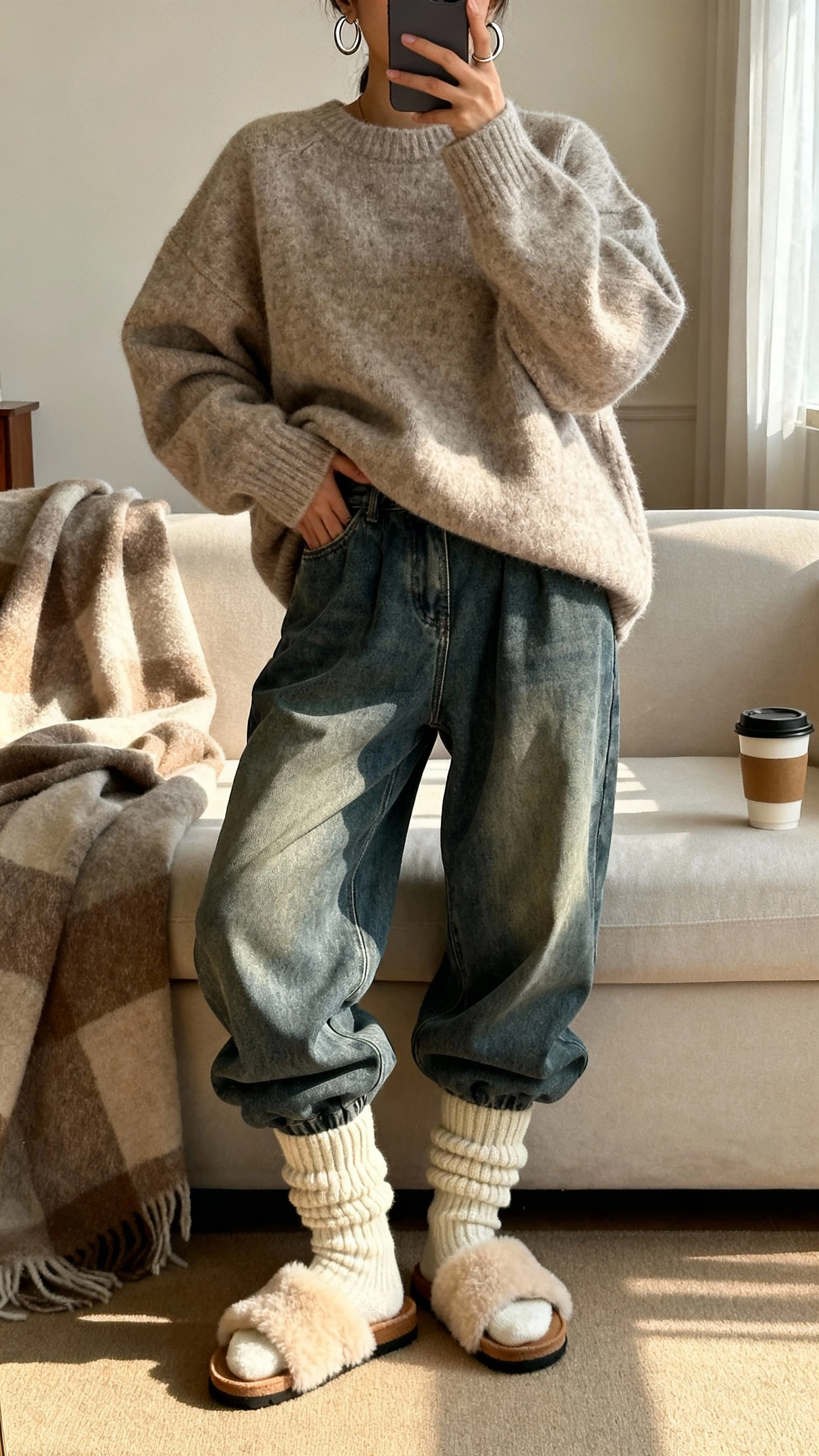 iPhone couch selfie of a woman wearing a big cozy sweater half-tucked into slouchy baggy jeans, chunky socks, shearling slides, simple hoop earrings; living room with blanket and coffee, face not visible, warm afternoon light, natural iPhone quality.