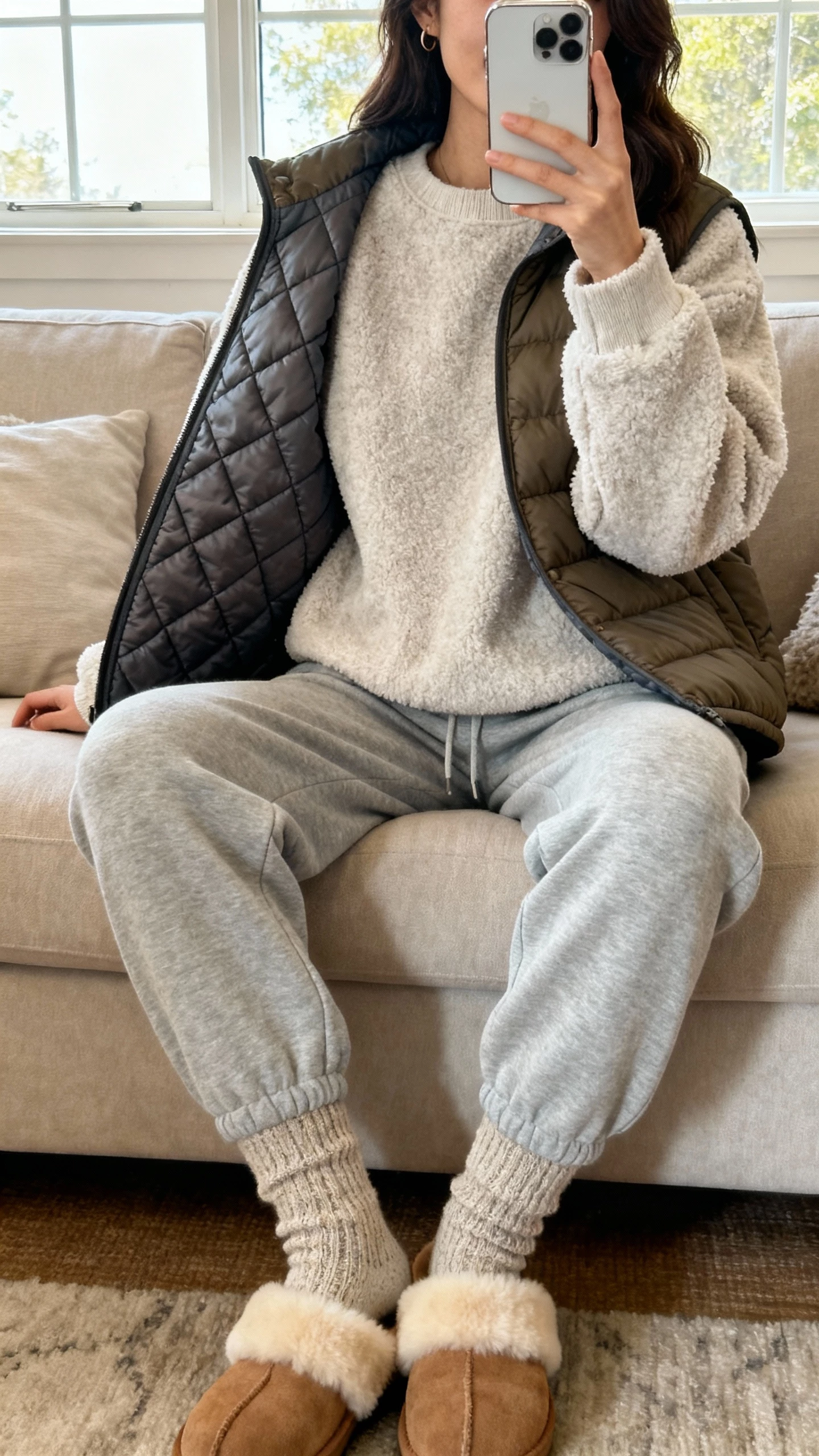iPhone cozy couch selfie of a woman in a fleece pullover layered under a quilted liner jacket with joggers, wool socks, and shearling slippers, face not visible, living room window light, natural iPhone photo.