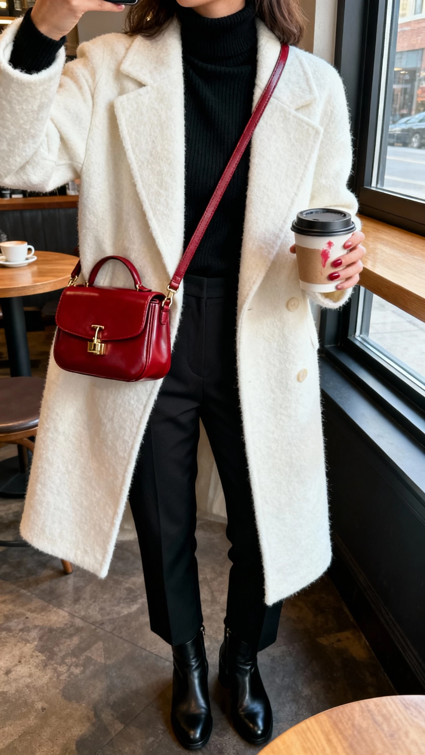 iPhone cropped-at-shoulders selfie of a woman in a black turtleneck, winter white wool coat, black tailored pants, cherry red crossbody bag and lipstick-stain coffee cup in hand, black ankle boots, face not visible, coffee shop window light, natural iPhone photo