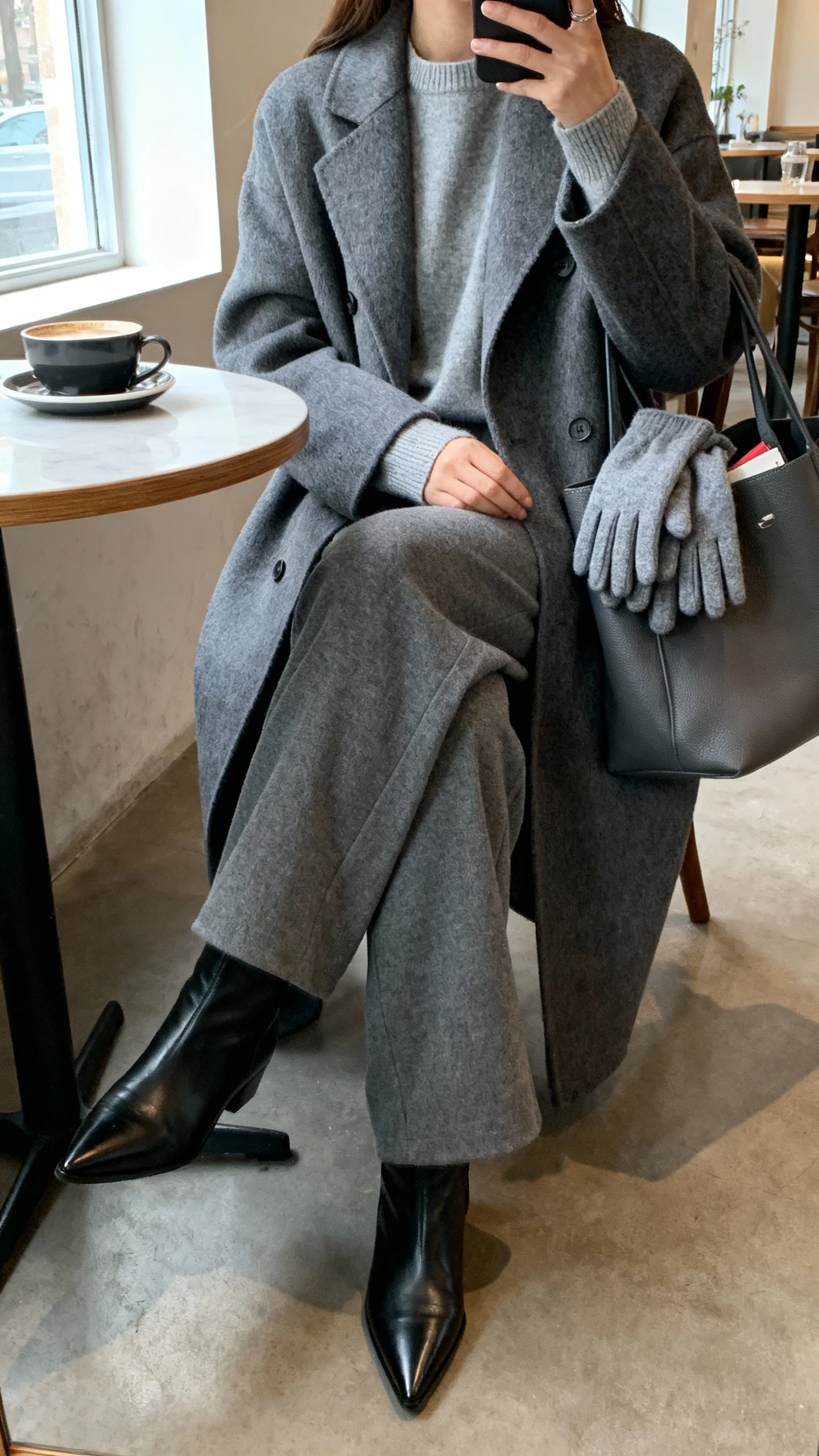 iPhone cropped-at-shoulders selfie of a woman seated at a cafe: long gray wool coat, soft gray cashmere crewneck, matching gray wide-leg trousers, black pointed leather ankle boots, coordinating gray scarf and gloves peeking out of tote, face not visible, morning window light, natural iPhone photo quality.