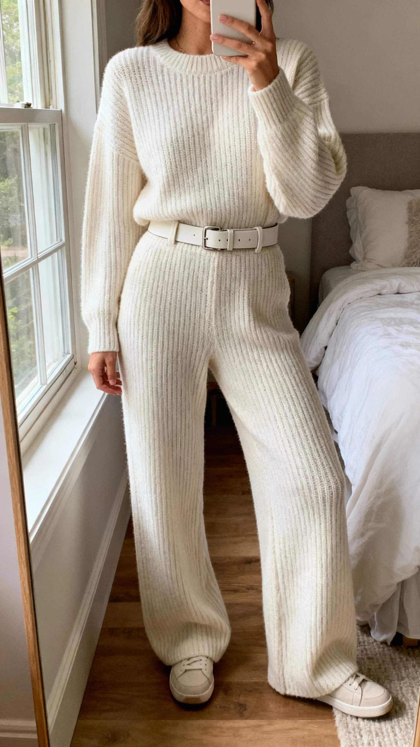 iPhone cropped-at-shoulders selfie of a woman wearing a monochrome knit set that reads like a knit jumpsuit (matching ribbed sweater and wide-knit pants), sleek belt to define waist, minimalist sneakers, face not visible, cozy bedroom near window, natural iPhone quality.