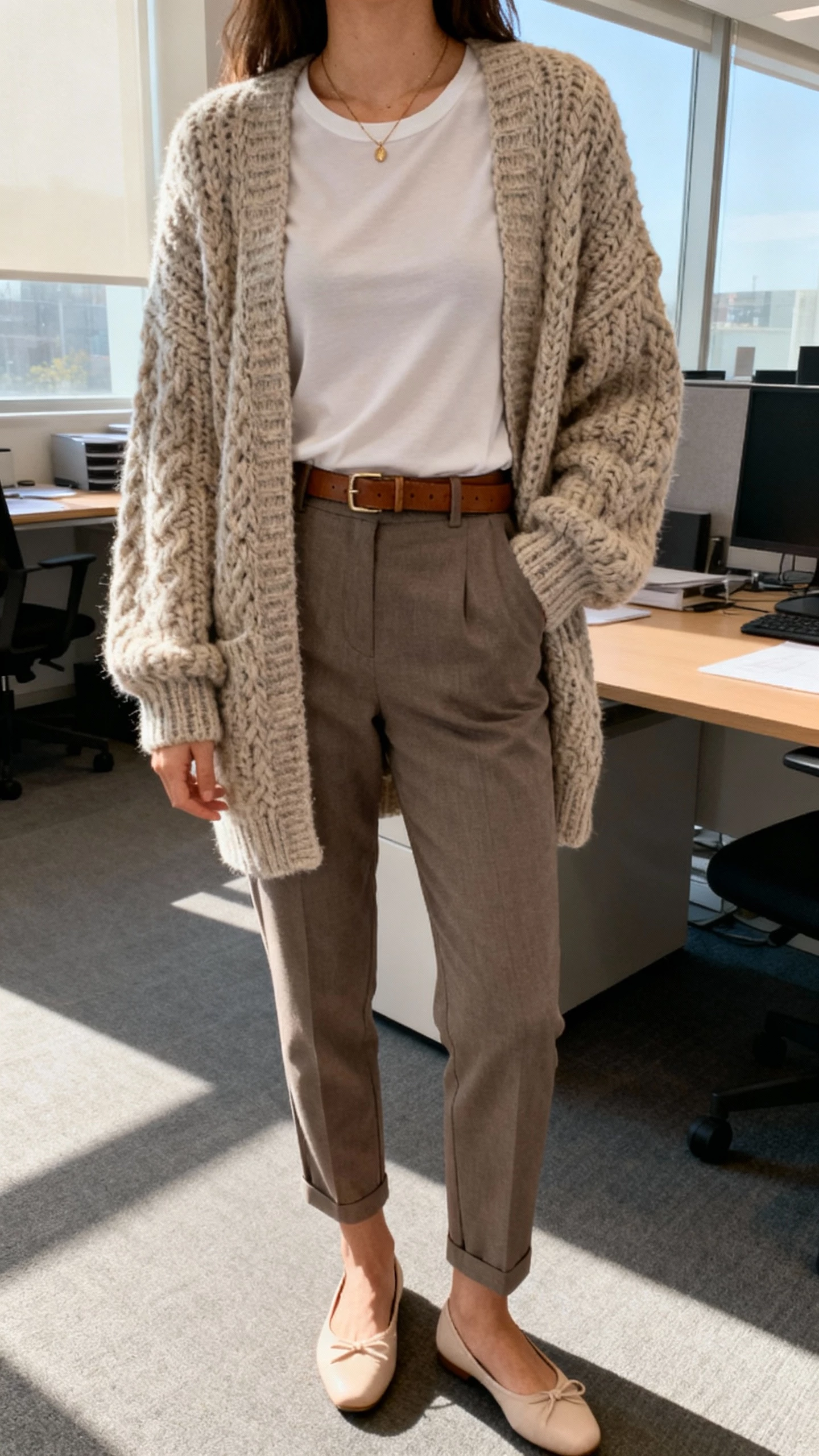 iPhone desk selfie cropped at shoulders showing a woman in a chunky knit cardigan over a fitted tee with tailored cigarette pants, ballet flats, delicate necklace, slim leather belt, face not visible, office setting, natural afternoon light, iPhone photo quality.