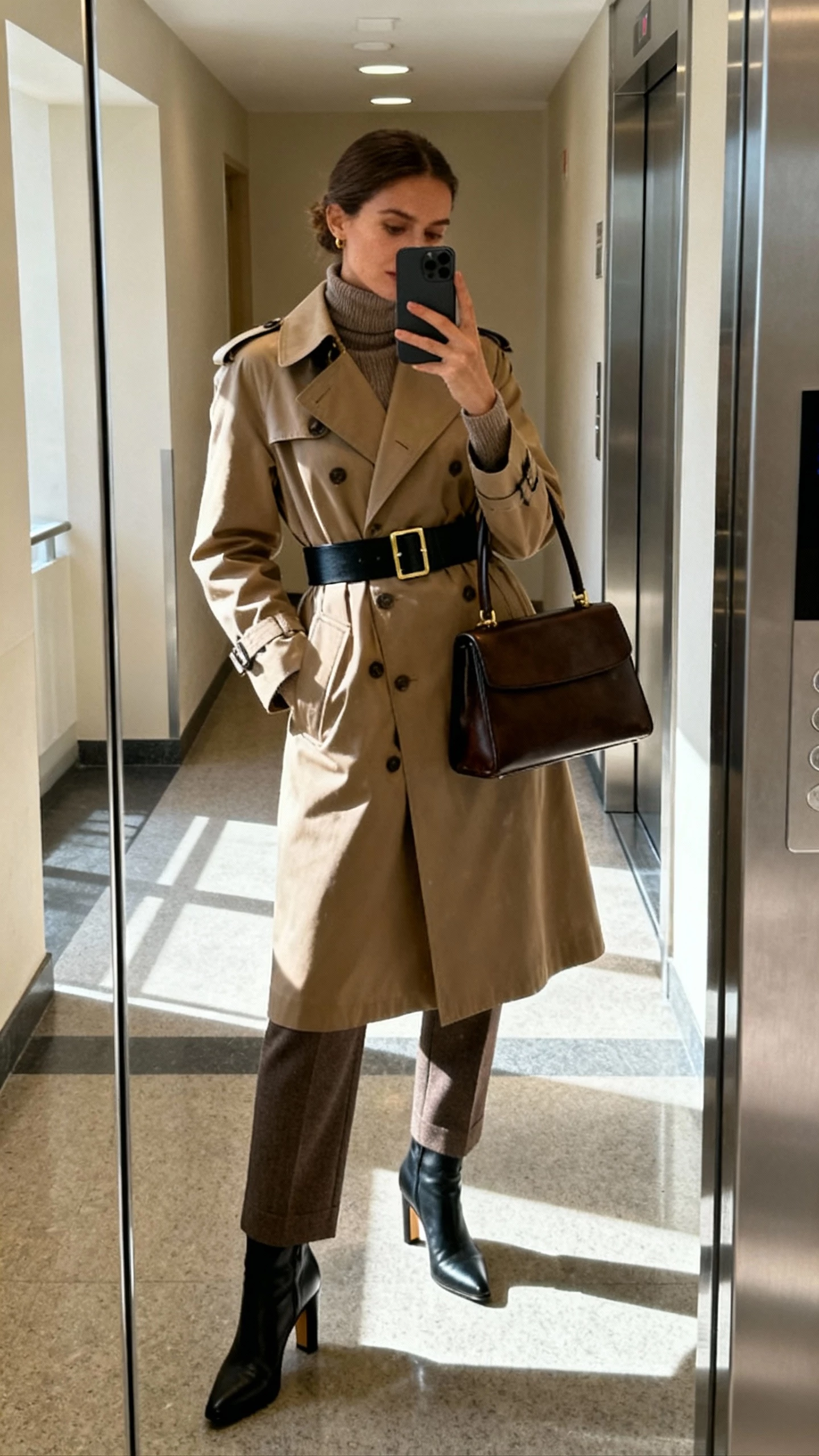 iPhone elevator mirror selfie of a woman in a vintage trench coat cinched with a wide belt, turtleneck, tailored trousers, heeled ankle boots, and structured top-handle bag, face not visible, neutral hallway lighting with some daylight spill, natural iPhone aesthetic.