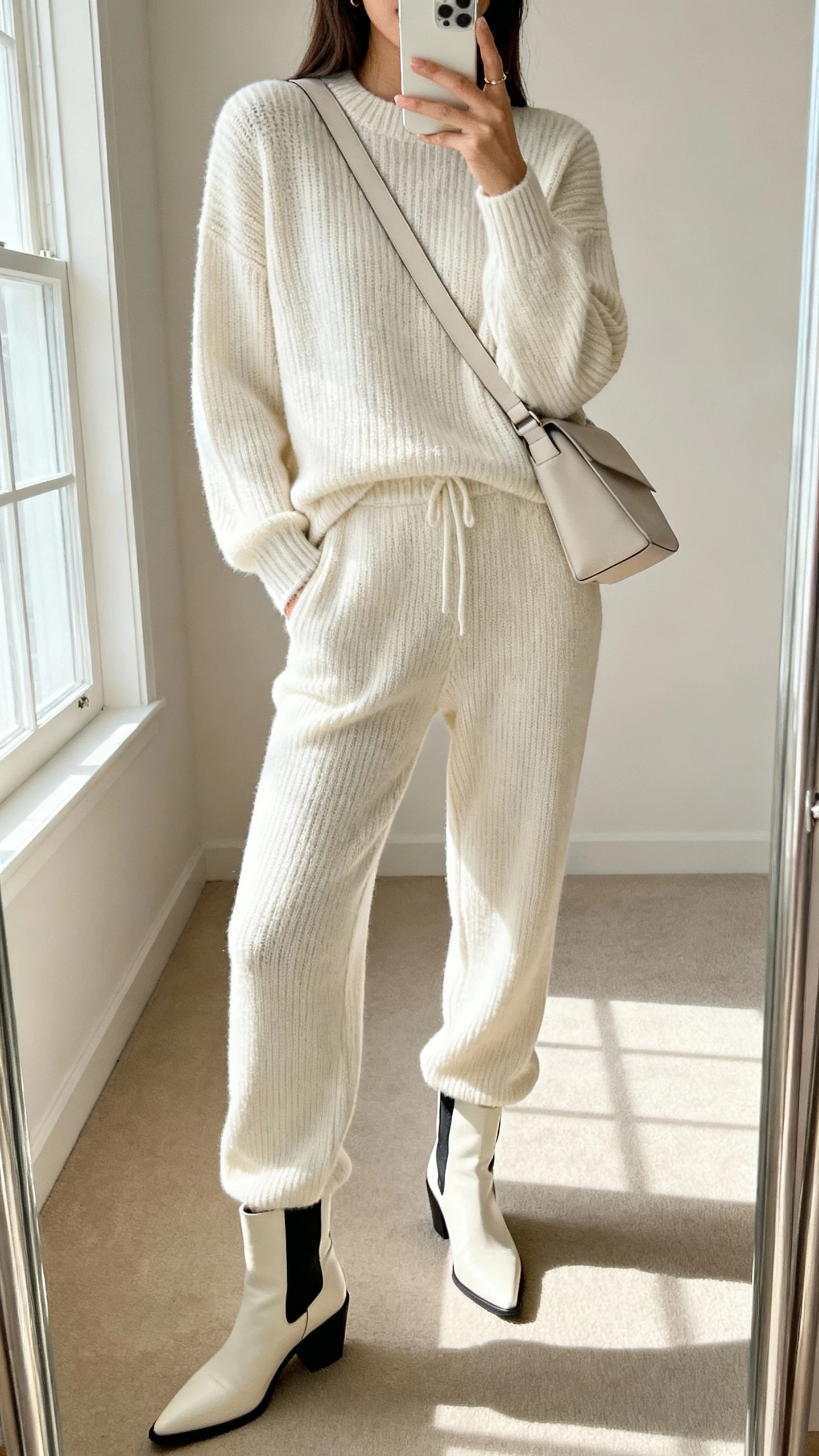 iPhone full-length bedroom mirror selfie of a woman in a monochrome knit set with statement boots and a minimalist shoulder bag, face not visible, neutral room with soft window light, natural iPhone photo quality.