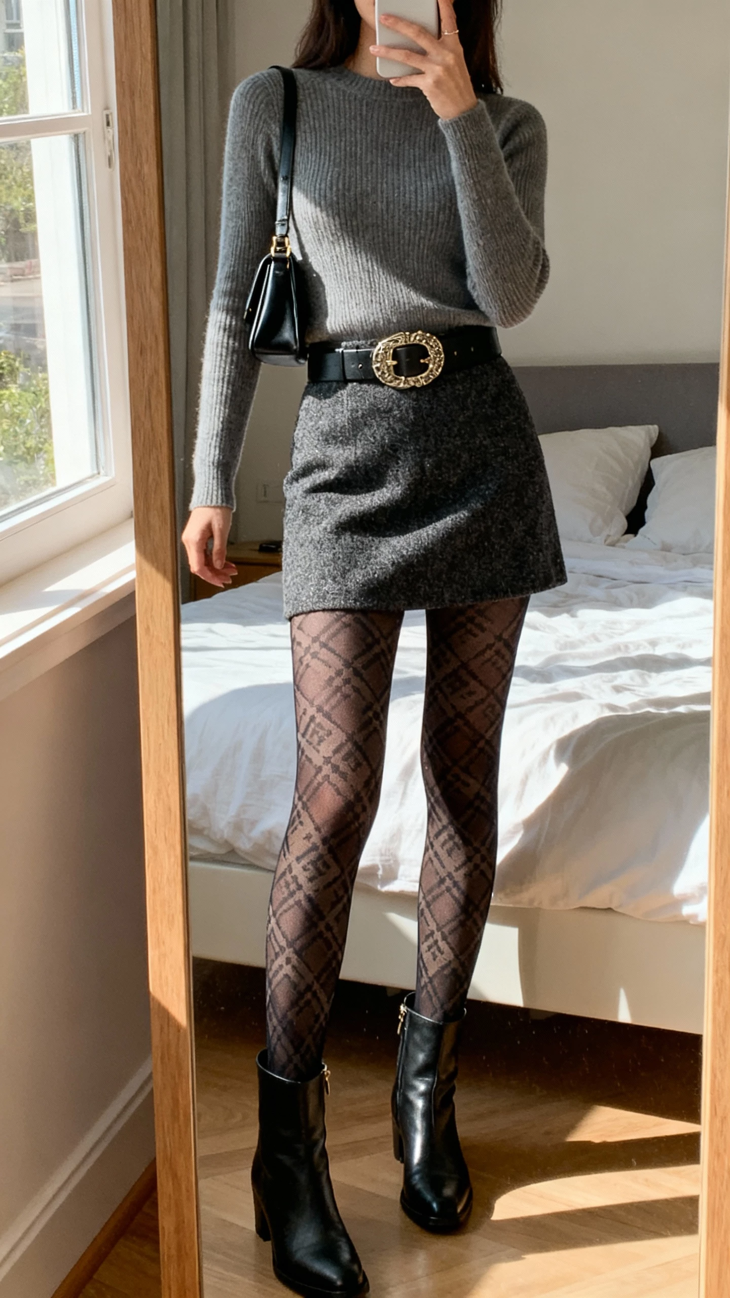 iPhone full-length bedroom mirror selfie of a woman wearing patterned tights, a mini skirt, fitted sweater, and a statement belt, paired with ankle boots and a small shoulder bag, face not visible, afternoon window light, natural iPhone photo quality.