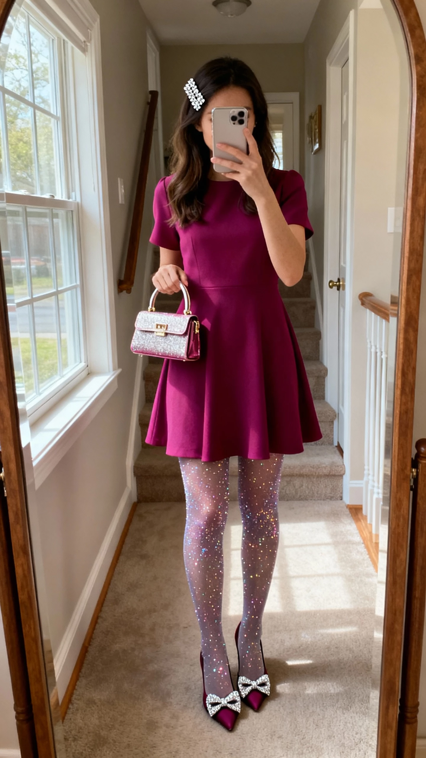 iPhone full-length mirror selfie of a woman in a jewel-tone A-line dress, sparkle tights, bow-embellished heels, rhinestone hair clip, mini top-handle bag, face not visible, apartment entryway mirror, afternoon window light, natural iPhone photo quality.