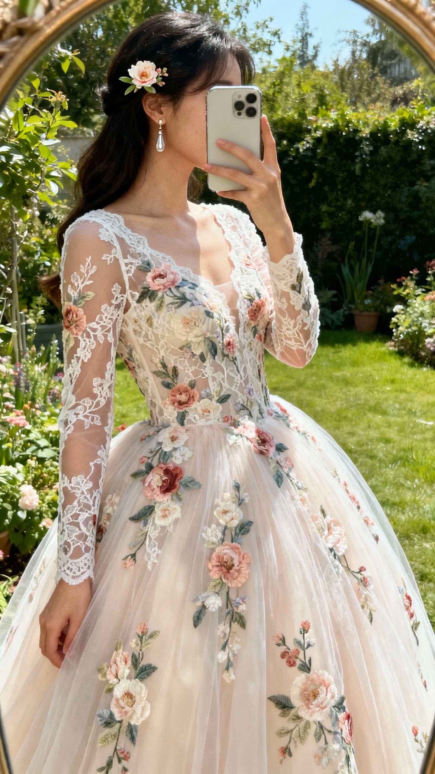 iPhone garden mirror selfie of a woman wearing a floral lace ball gown with embroidered blooms, illusion lace sleeves, tulle skirt, delicate flower hair pin, and dainty drop earrings, face not visible, side angle, afternoon natural light, casual iPhone aesthetic