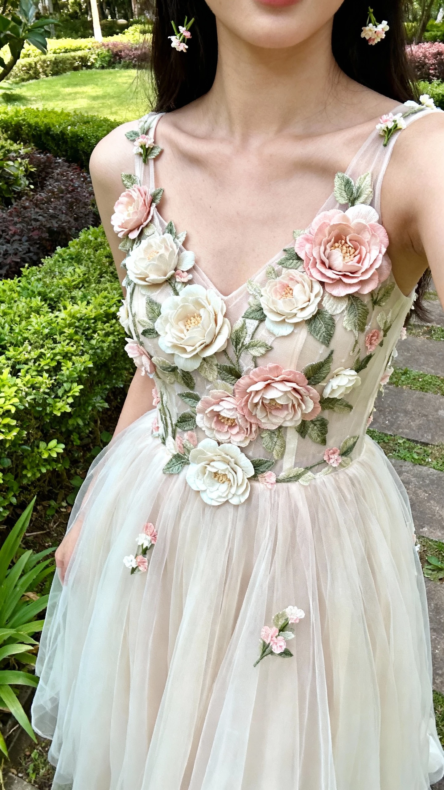 iPhone garden selfie cropped at shoulders showing a woman in a floral appliqué A-line wedding dress with 3D blooms on the bodice and skirt, soft tulle layers, and tiny floral hair pins; face not visible, outdoor natural light, natural iPhone photo.