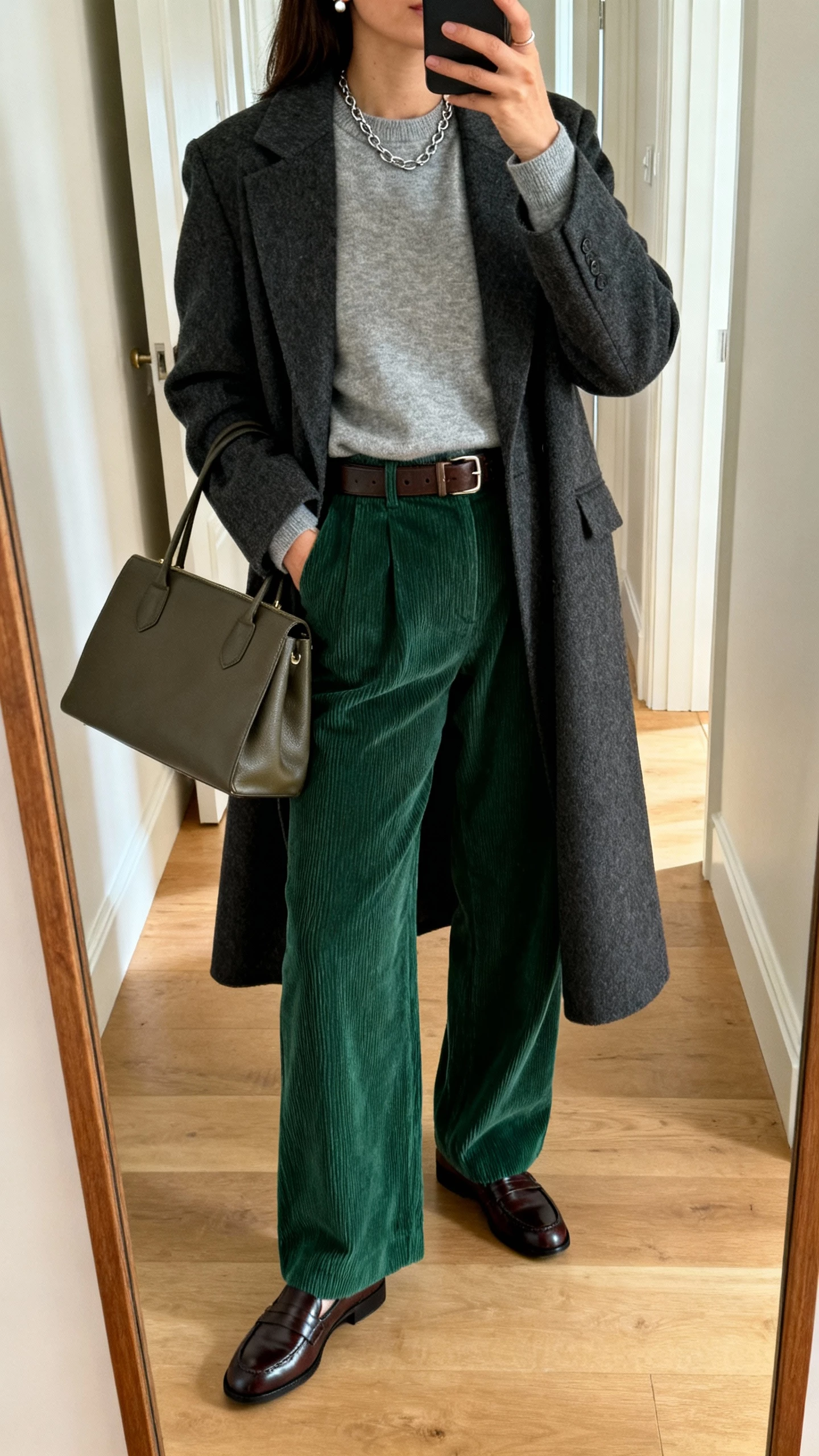 iPhone hallway mirror selfie of a woman in a heather gray relaxed cashmere crewneck, wide‑leg forest green corduroy trousers, polished loafers, charcoal tailored wool overcoat, leather belt, structured tote, delicate chain necklace and simple studs; face not visible, morning light, natural iPhone photo quality.