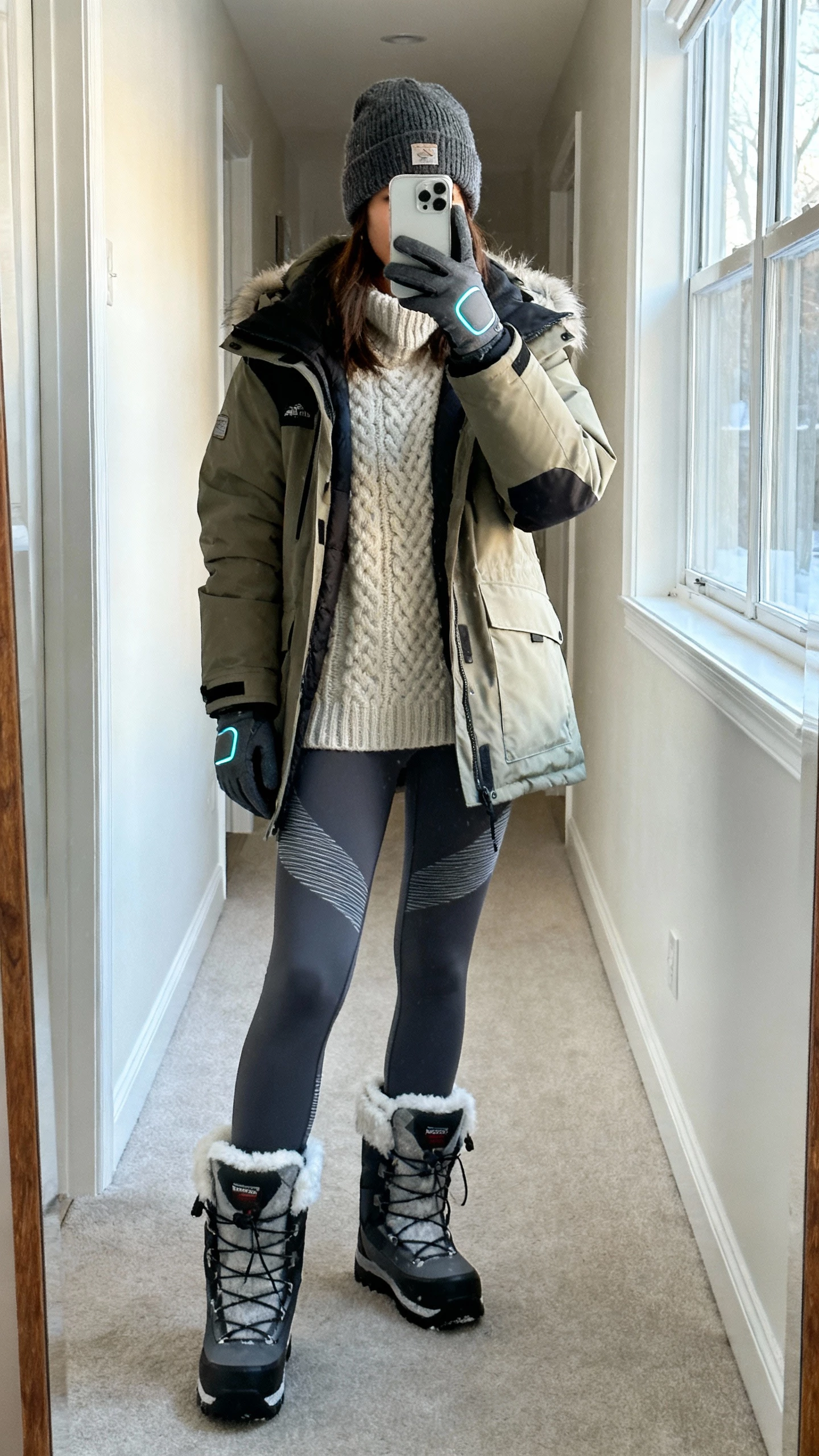 iPhone hallway mirror selfie of a woman in a warm parka layered over chunky knits with thermal leggings, snow boots, beanie, and tech gloves, face not visible, winter daylight from window, natural iPhone photo.