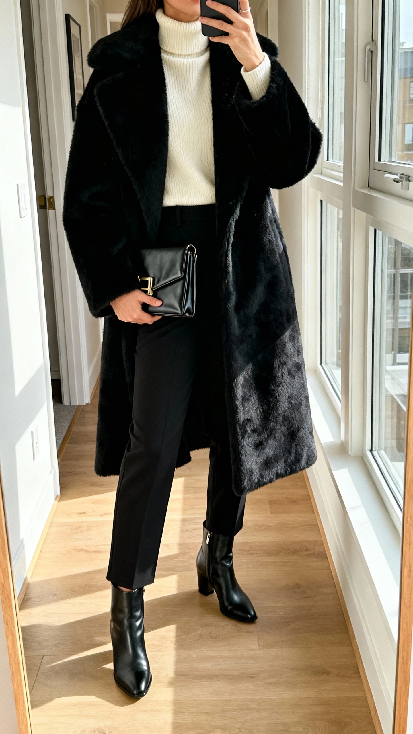iPhone hallway mirror selfie of a woman in head-to-toe black (or cream) turtleneck and trousers with bold statement coat, sleek ankle boots, structured clutch, face not visible, apartment hallway, natural window light, natural iPhone photo.