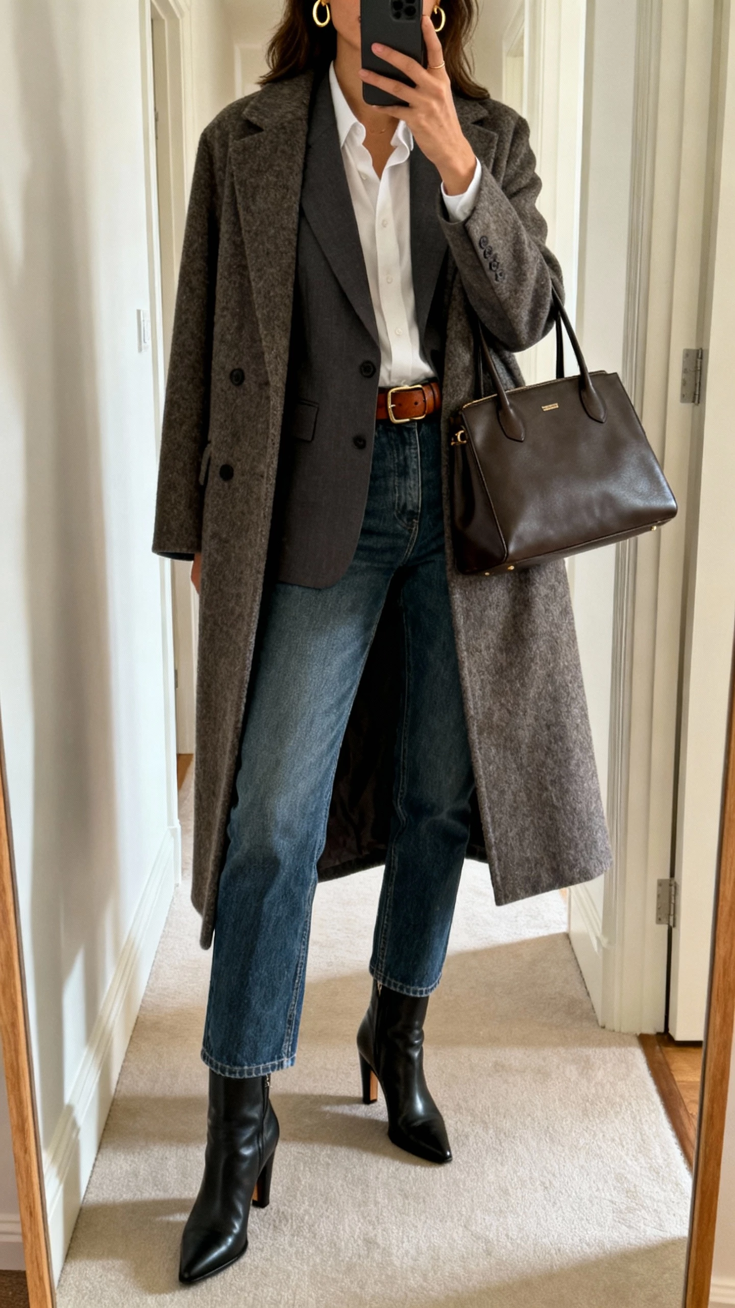 iPhone hallway mirror selfie of a woman wearing a tailored blazer layered under a long wool coat, straight-leg jeans, heeled boots, leather belt, structured tote, and subtle gold hoops, face not visible, indoor lighting, casual iPhone aesthetic.