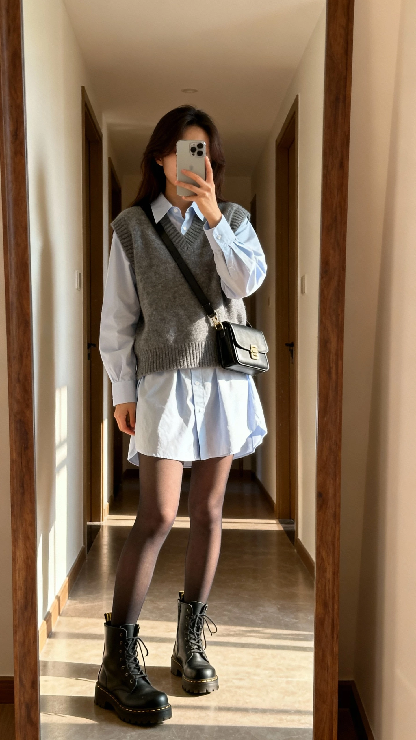 iPhone hallway mirror selfie of a woman wearing a crisp shirt dress layered with a sweater vest, opaque tights, combat boots, and a structured crossbody, face not visible, late afternoon indoor light, natural iPhone photo quality.