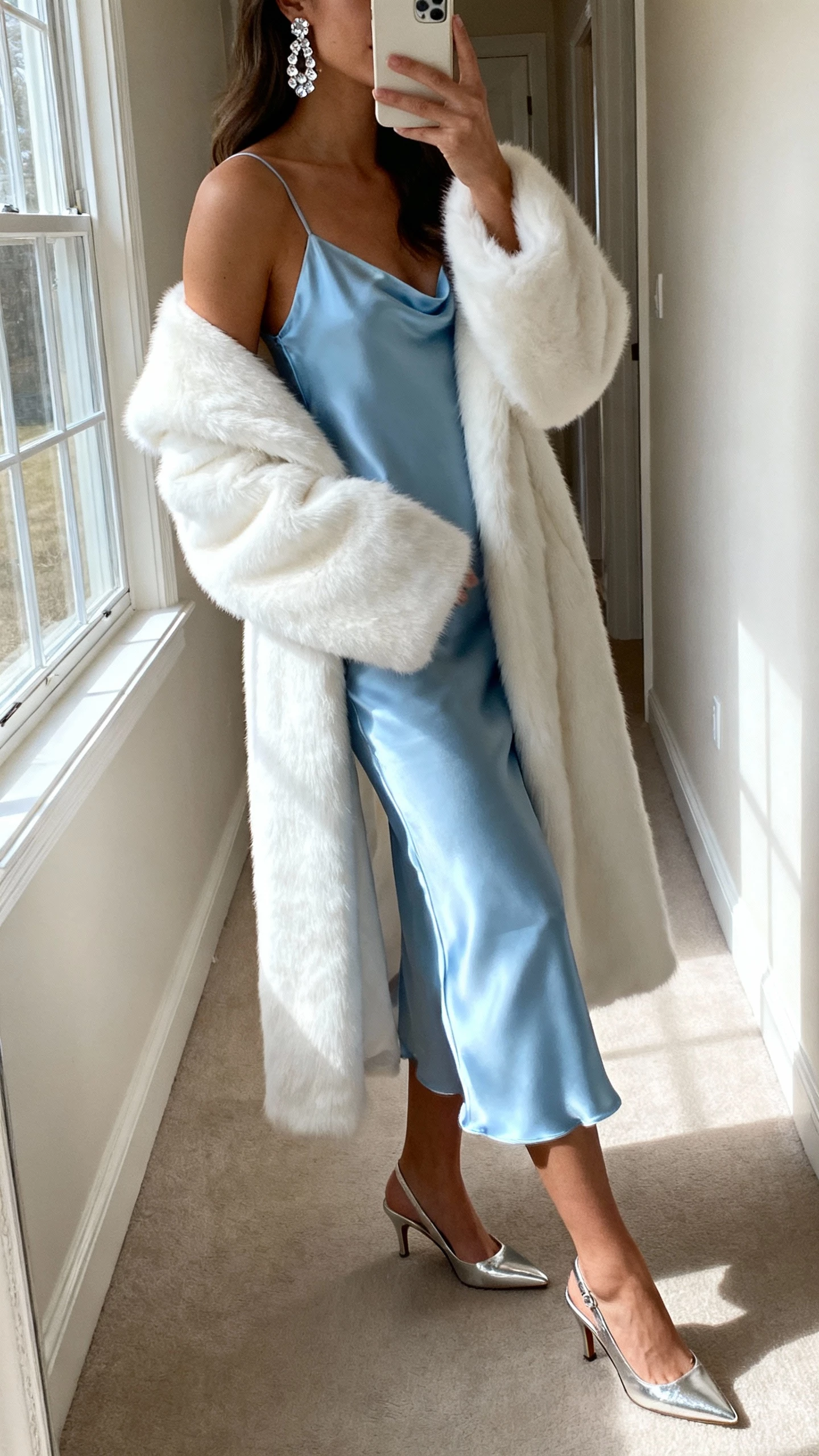 iPhone hallway selfie from a side angle showing a woman in an ice-blue satin slip dress layered with a white faux-fur opera coat, crystal earrings, silver slingback heels, face not visible, coat draped off one shoulder, soft morning window light, casual iPhone aesthetic.