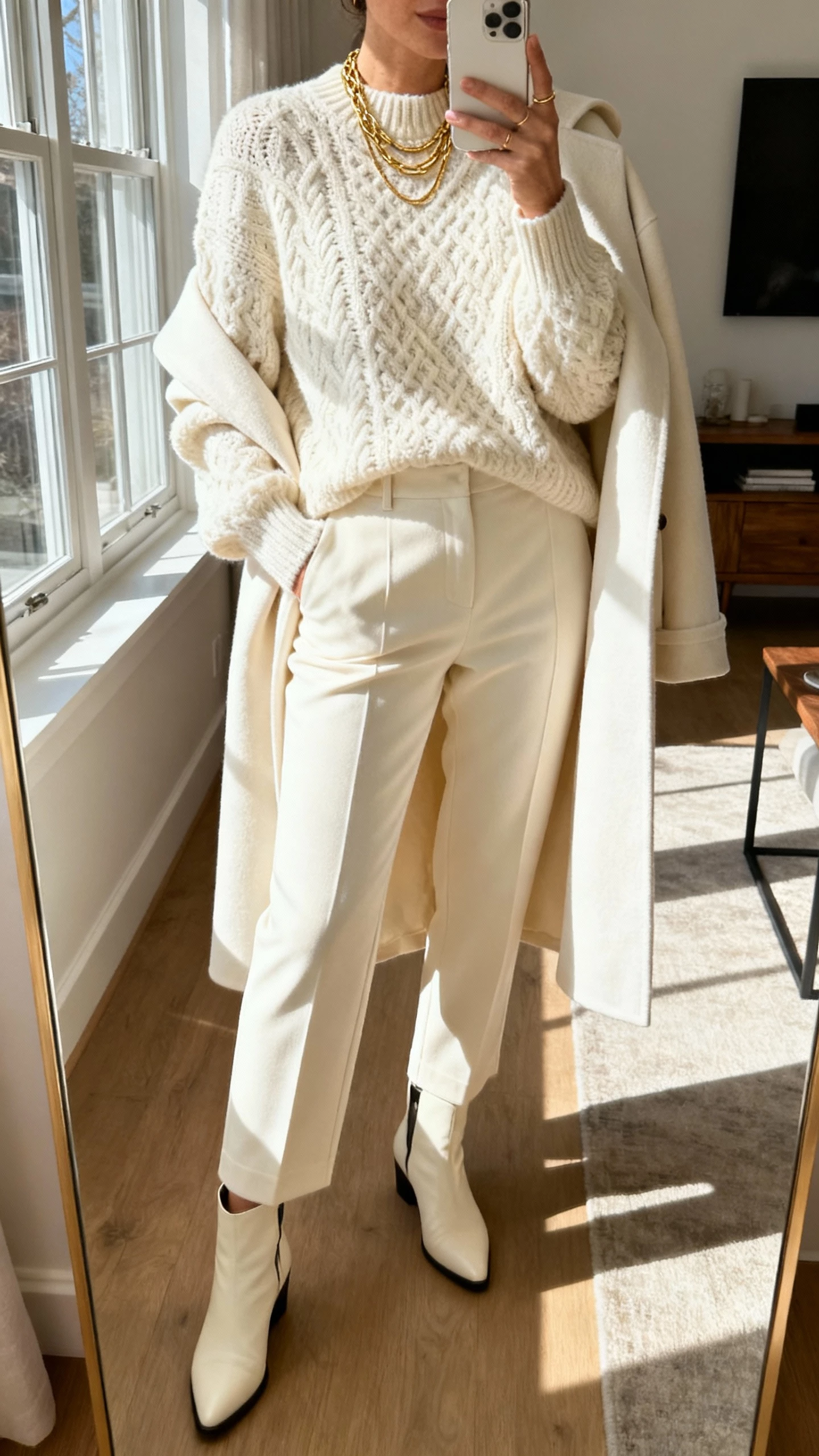 iPhone living-room mirror selfie of a woman wearing a head-to-toe cream look: textured knit sweater, tailored cream trousers, cream coat draped, cream ankle boots, gold layered necklaces, face not visible, cropped at neck, natural window light, iPhone photo