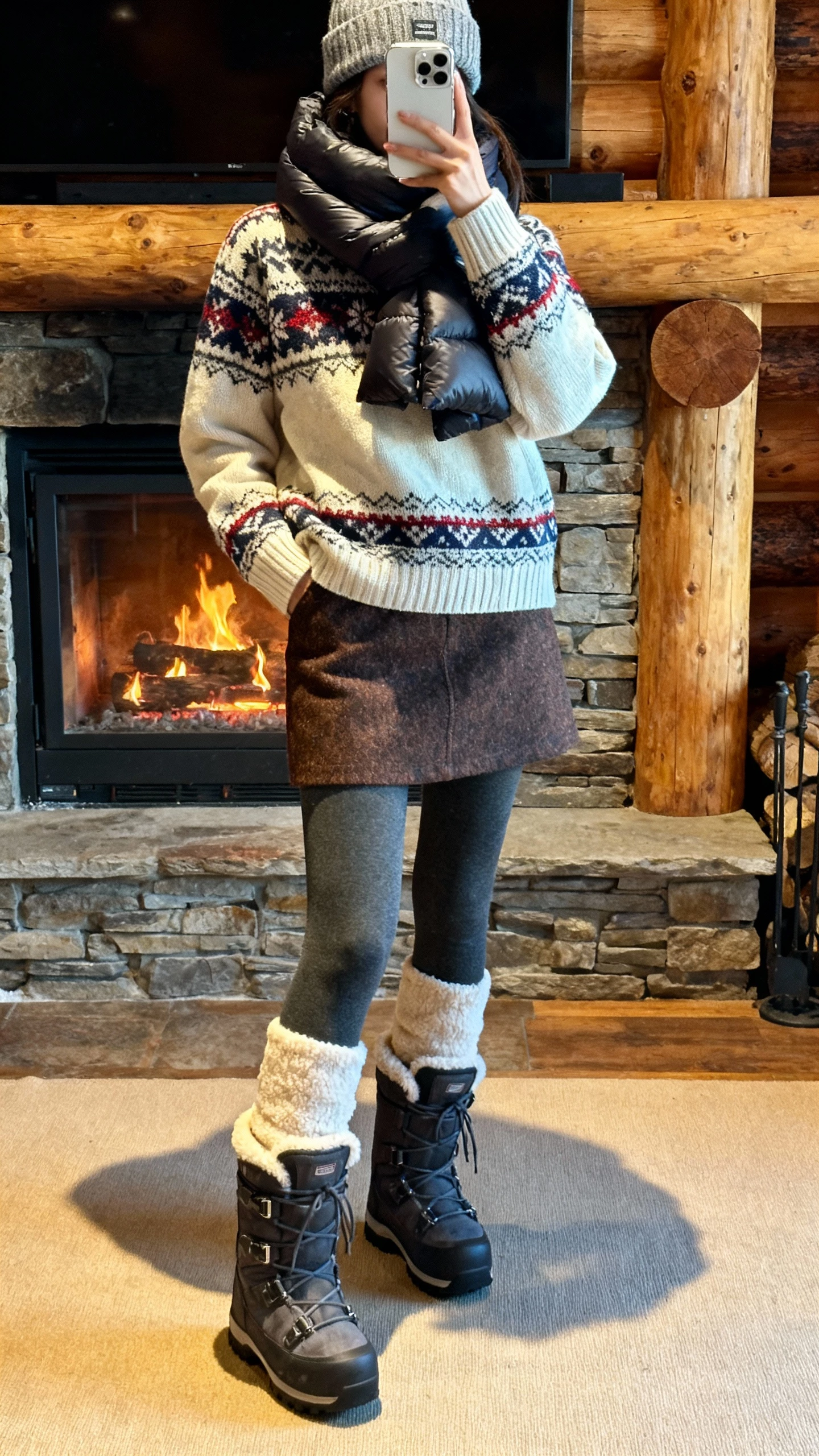 iPhone lodge fireplace selfie of a woman wearing an alpine-chic look: fair isle sweater, wool mini skirt, fleece-lined tights, chunky après boots, puffer scarf, beanie, face not visible, warm indoor light, casual iPhone photo