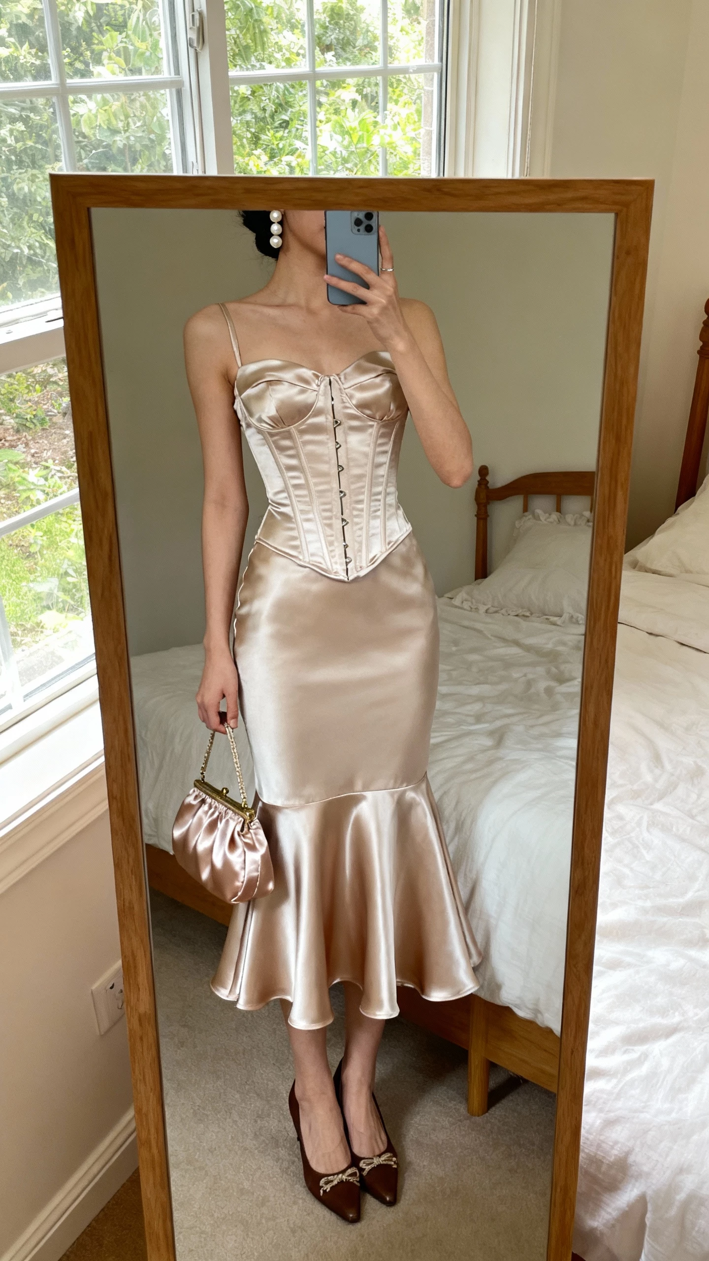 iPhone mirror selfie cropped at neck of a woman wearing a satin corset top paired with a matching trumpet skirt, vintage-inspired heels, pearl earrings, satin evening bag, face not visible, bedroom mirror with soft window light, natural iPhone quality.