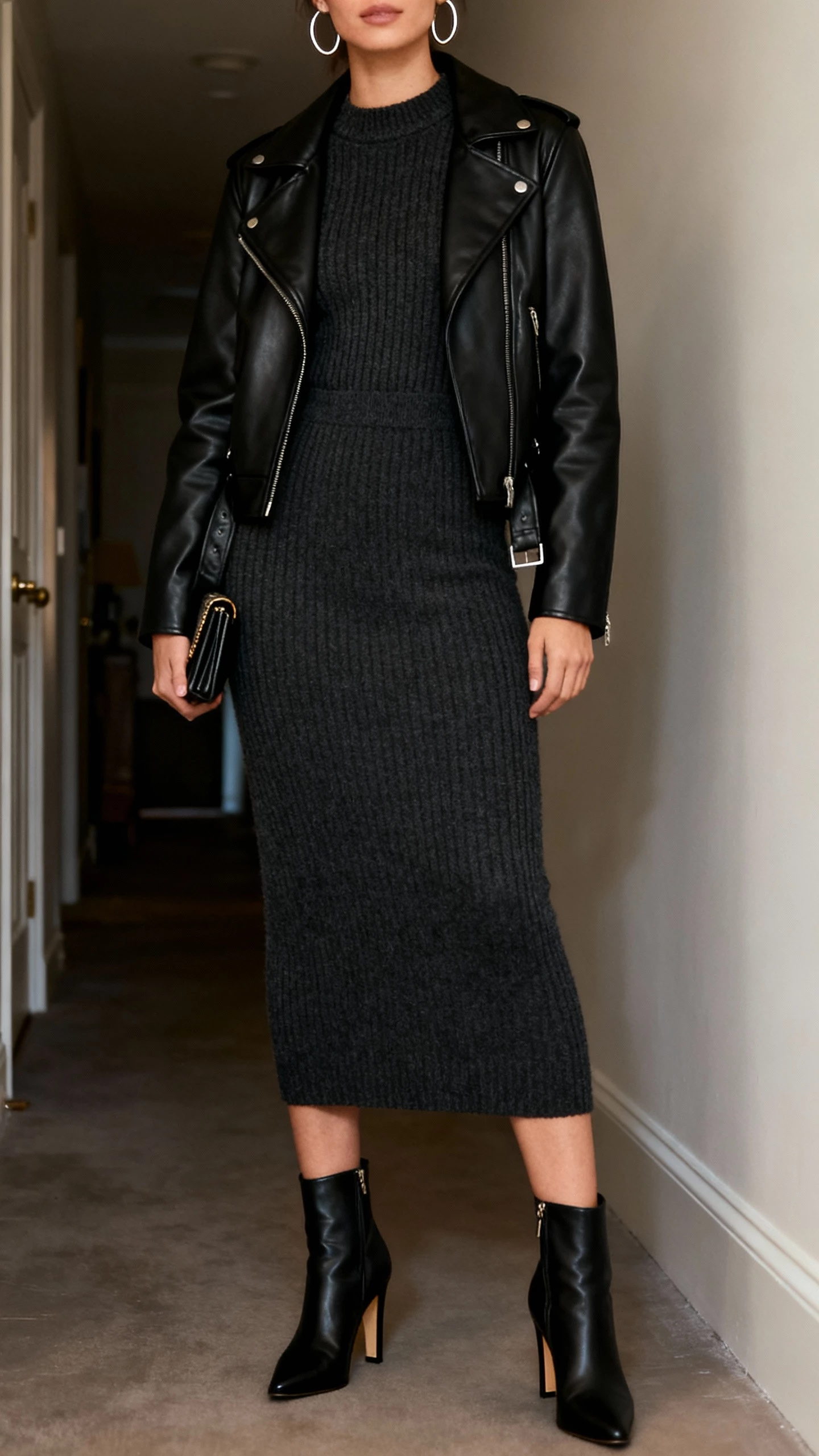 iPhone mirror selfie cropped at neck showing a woman wearing a black leather jacket over a matching knit skirt set (fitted sweater + midi skirt), heeled ankle boots, hoop earrings, small clutch, face not visible, dim apartment hallway lighting, natural iPhone quality.