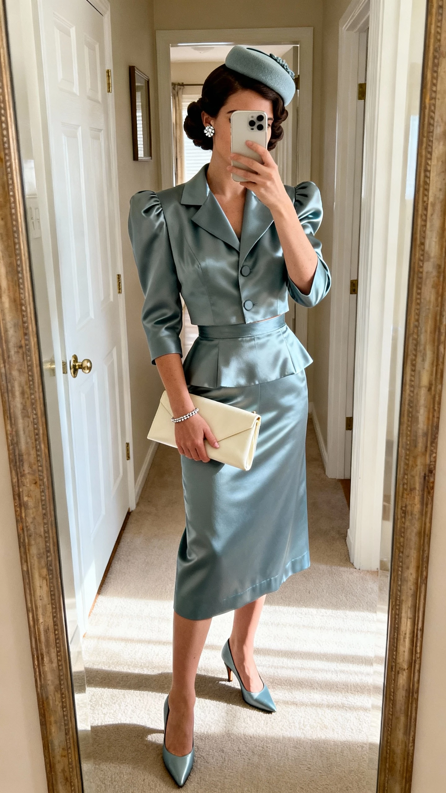 iPhone mirror selfie cropped at shoulders showing a woman in a 1940s satin suit set: cropped jacket with strong shoulders and high-waist midi skirt, pointed pumps, pillbox hat, crystal studs, thin tennis bracelet, envelope clutch in cream, face not visible, chic entryway mirror, morning light, natural iPhone photo.