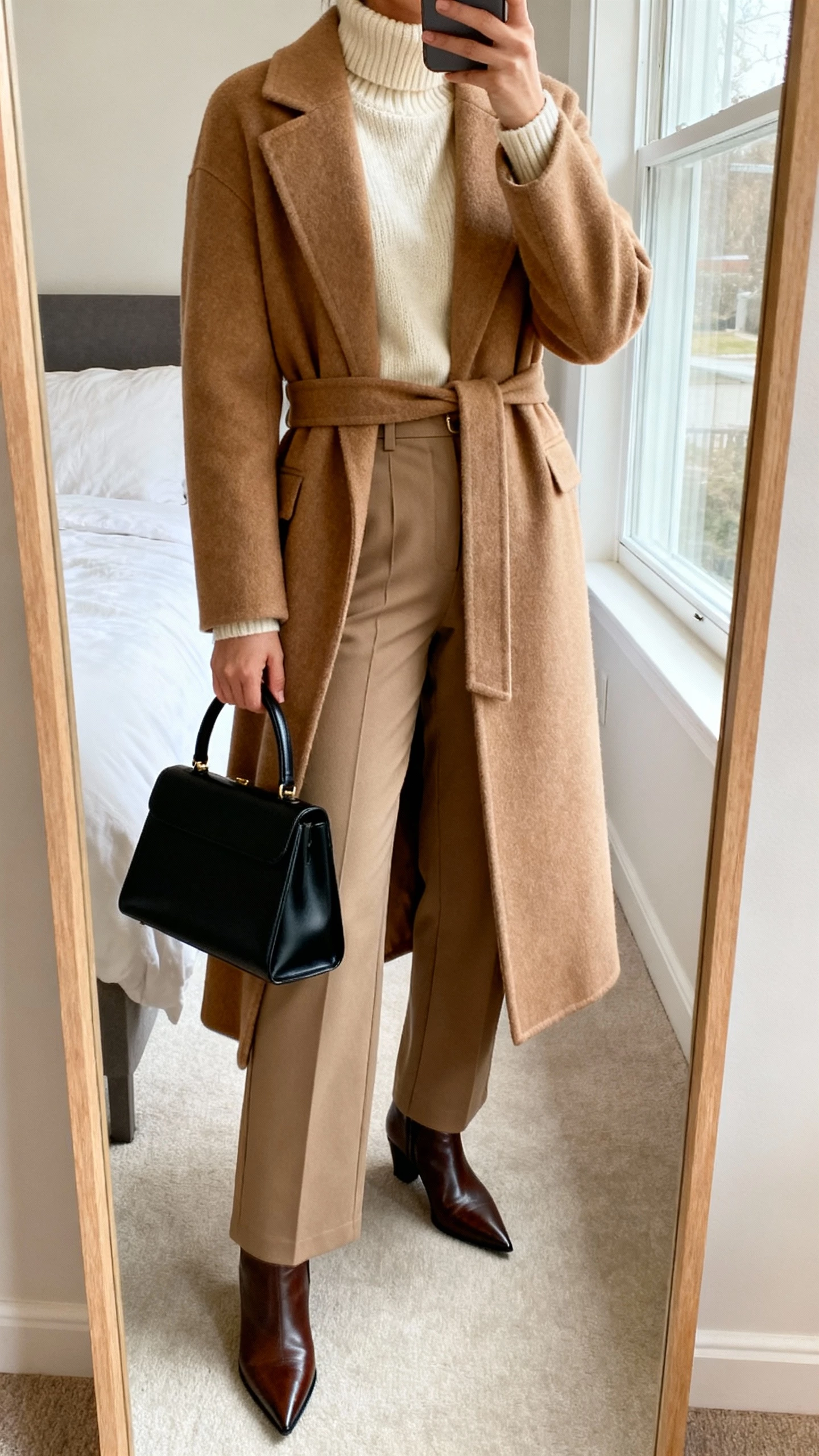 iPhone mirror selfie of a woman in a camel belted wool-blend mid-calf coat over a cream cashmere turtleneck, high-waisted straight-leg trousers, pointed-toe leather ankle boots, structured black top-handle bag in hand; bedroom full-length mirror, cropped at neck, face not visible, natural window light, natural iPhone photo quality.