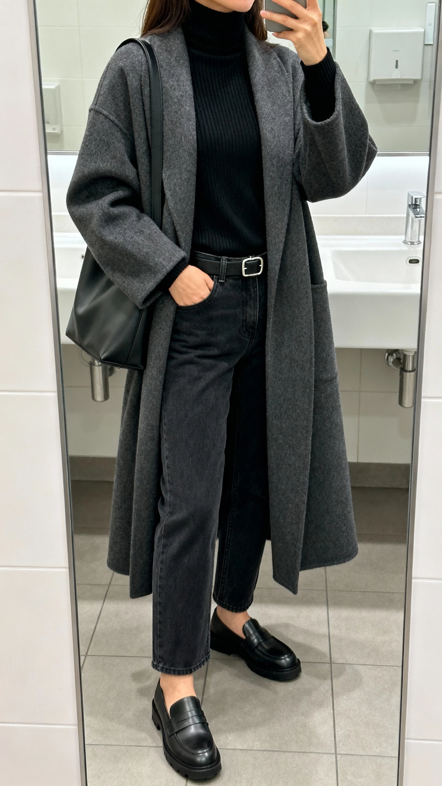 iPhone mirror selfie of a woman in a charcoal double-faced wool robe coat over a black fine-gauge merino turtleneck, dark straight-leg denim, chunky loafers, structured shoulder bag, minimal polished belt; office restroom mirror, cropped at neck, face not visible, indoor lighting, natural iPhone quality.