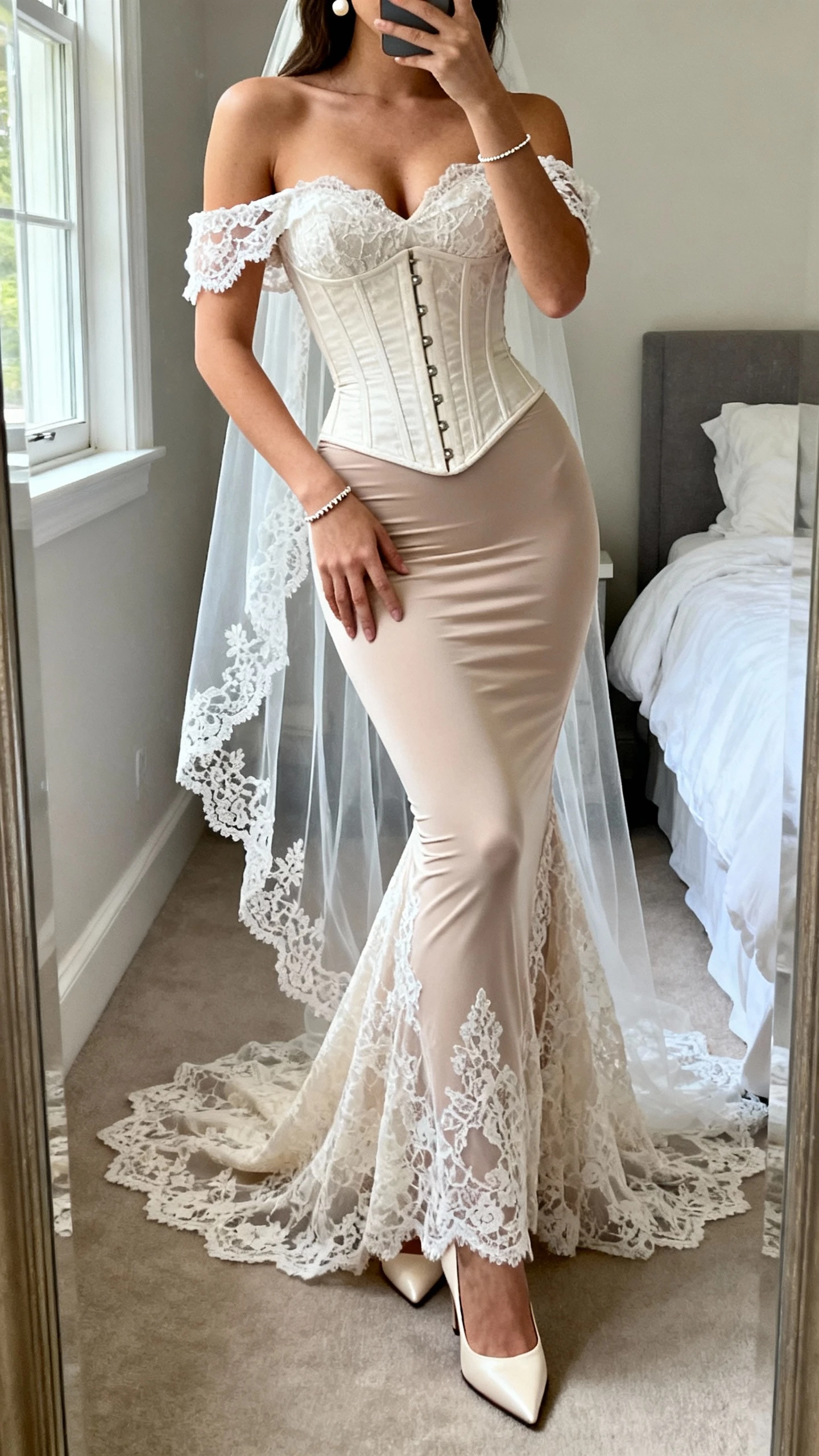 iPhone mirror selfie of a woman in a fitted mermaid lace gown with a boned corset and sweetheart neckline, detachable off-shoulder lace straps, chapel-length lace-edged veil, pointed satin heels, pearl drop earrings, slim tennis bracelet, seamless shaping slip; bedroom full-length mirror, face not visible, natural window light, natural iPhone photo quality.