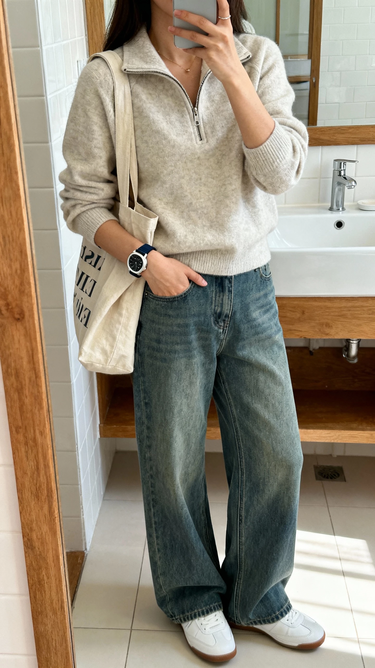 iPhone mirror selfie of a woman in a half-zip sweater with wide-leg jeans and white sneakers, sporty watch and canvas tote, face not visible, bathroom mirror, bright indoor light, natural iPhone aesthetic
