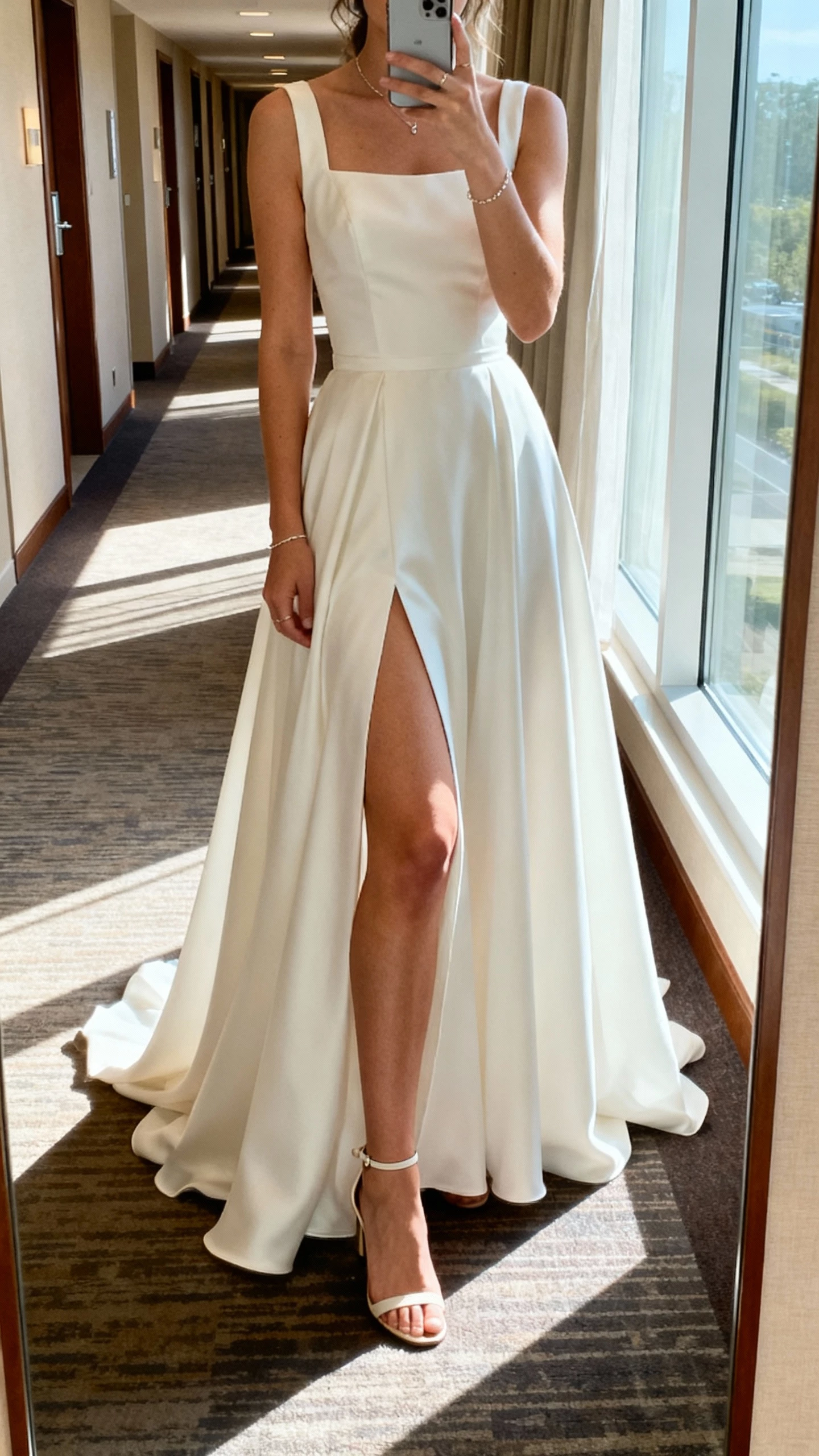 iPhone mirror selfie of a woman in a high-slit A-line wedding dress with a flowing skirt, thigh-high slit, fitted bodice, ankle-strap heels, and minimal jewelry; face not visible, hotel hallway mirror, natural daylight from window, iPhone photo quality.