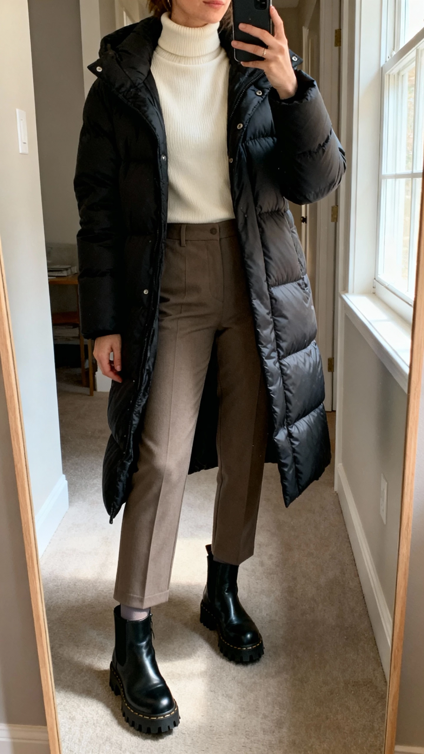 iPhone mirror selfie of a woman in a matte black mid-length puffer coat over a cream fitted merino turtleneck, tailored straight-leg trousers, invisible thermal leggings, black leather lug-sole ankle boots, face not visible, cropped at neck, apartment hallway mirror with morning window light, natural iPhone photo quality.