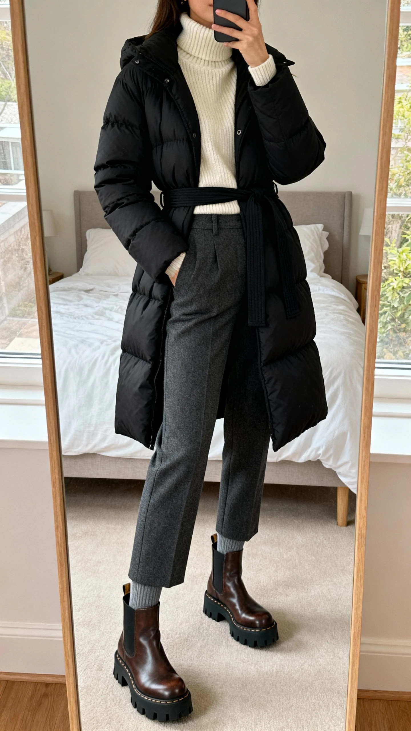 iPhone mirror selfie of a woman in a mid-thigh belted puffer coat (black), fine-knit cream merino turtleneck, tailored charcoal wool-blend trousers, waterproof chunky-soled leather Chelsea boots, thermal base layer leggings underneath; bedroom full-length mirror, natural window light, face not visible, natural iPhone photo quality.