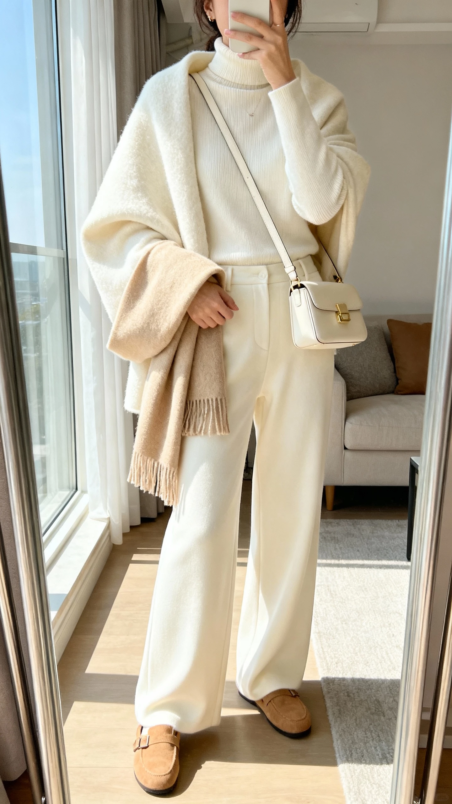 iPhone mirror selfie of a woman in a monochrome cream look: cream turtleneck, cream wool coat draped over shoulders, cream wide-leg trousers, beige scarf, tan loafers, cream crossbody, face not visible, living room mirror, bright daylight from window, natural iPhone photo quality.